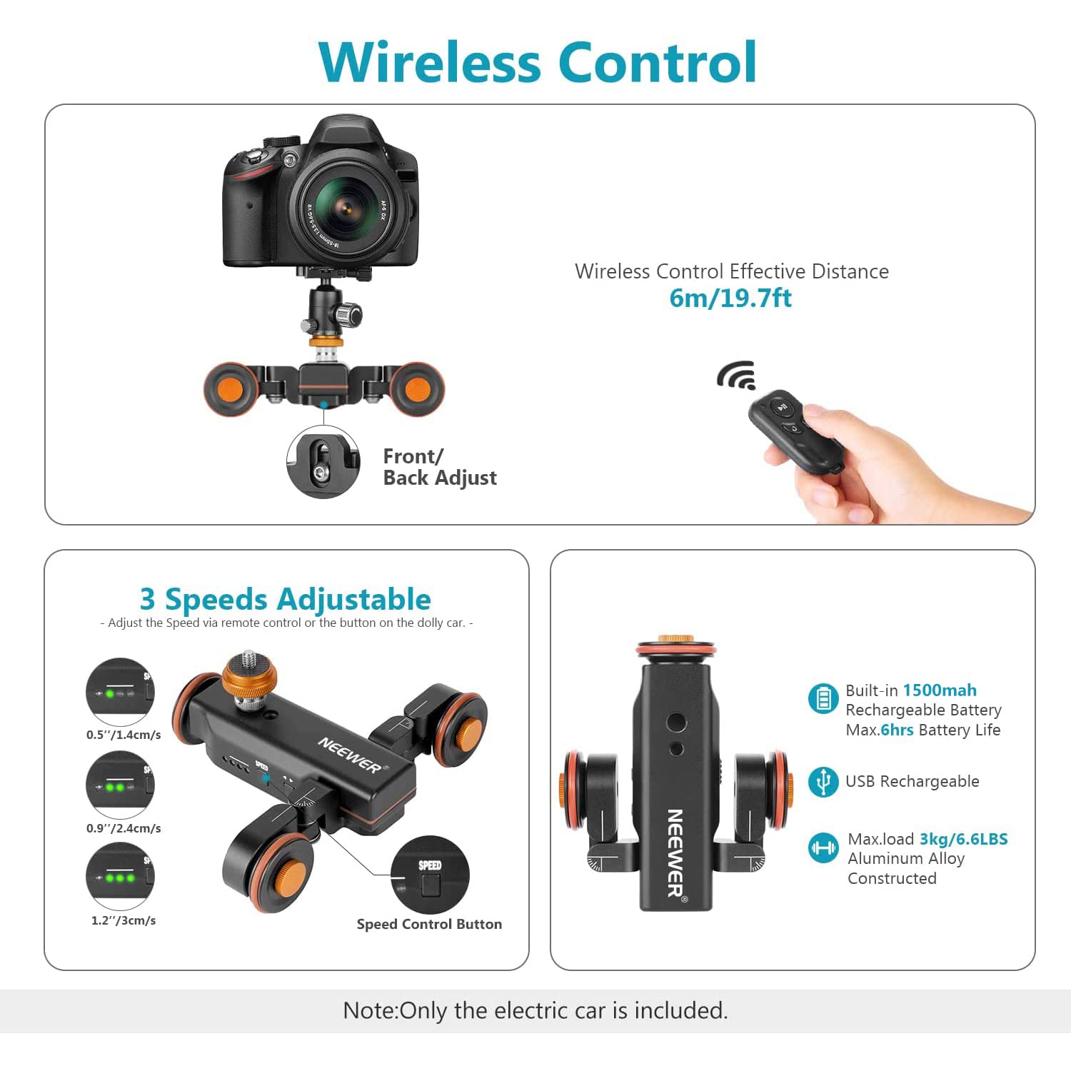 Neewer 3-Wheel Wireless Motorized Camera Dolly with Remote Control - 3-Speed Electric Track Slider for DSLR, Camcorder, GoPro, iPhone & Android Smartphones - Perfect for Smooth Video Shoots, Vlogging & Film Making