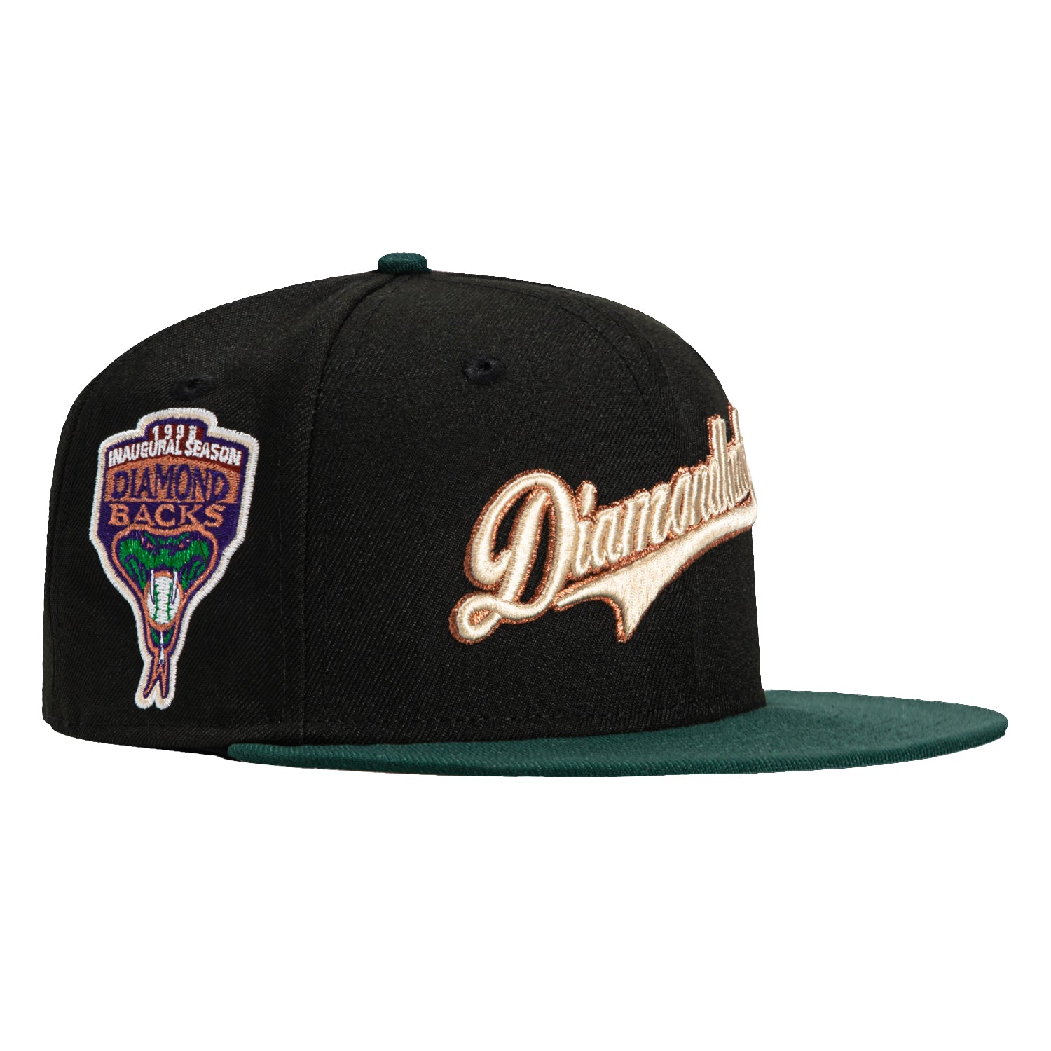 New Era 59Fifty Arizona Diamondbacks MLB Baseball Cap with Inaugural Patch - Black, Green & Metallic Copper - Adjustable Snapback Hat for Sports Fans & Streetwear Fashion