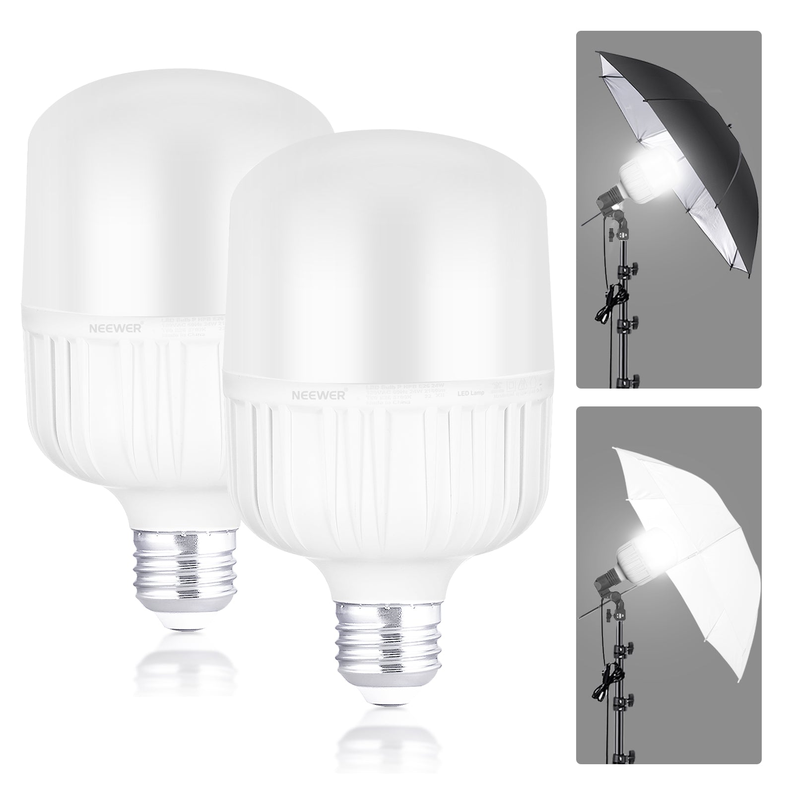NEEWER T80 2-Pack E26 24W LED Light Bulbs - Energy Efficient, Dimmable, Warm White 3000K for Home, Office, and Studio Lighting
