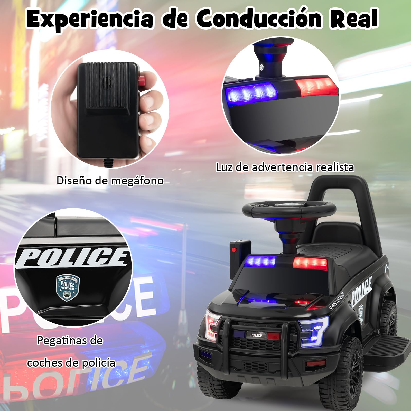 COSTWAY 6V Kids Electric Police Car with Side Megaphone, Horn, Alarm Light & Siren Sound - Wide Footrest Battery-Powered Ride-On Toy Vehicle for Children Ages 1.5-5 Years (Black) | Perfect for Outdoor Play, Birthday Gifts & Pretend Police Adventures