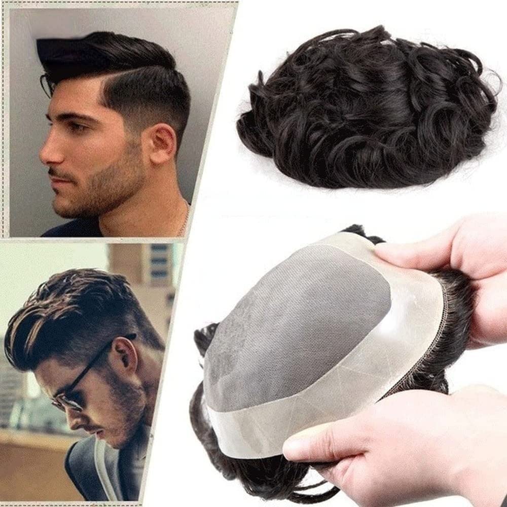 Premium Mono Silk Base NPU Around Remy Human Hair Wig for Men - Natural Black (1B#) Wavy Hair Toupee - 6