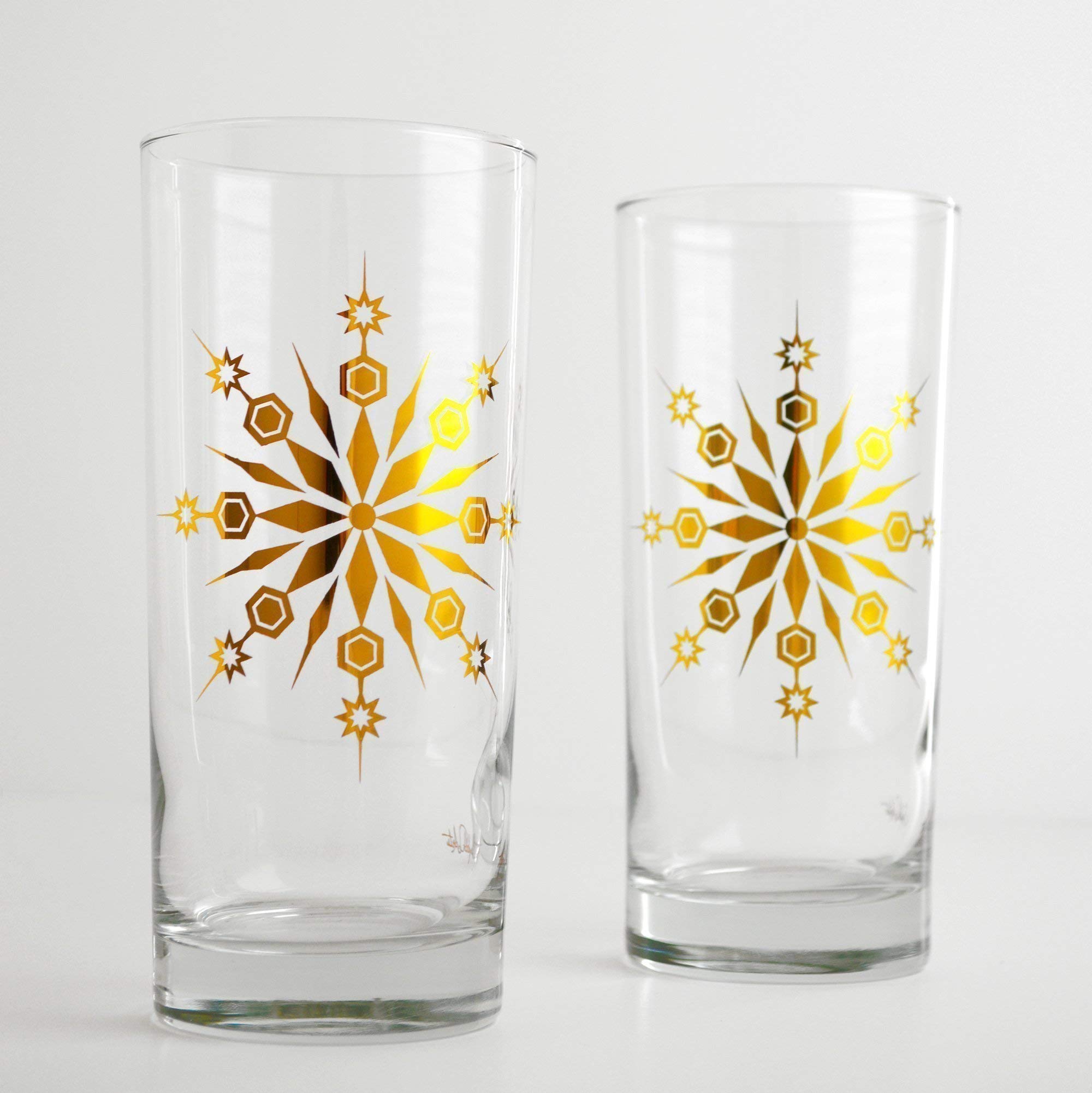 Festive Snowflake Glassware Set of 2 - Metallic Gold Christmas Glasses for Holiday Cocktails, Elegant Highball Drinking Glasses for Christmas Parties, Winter Celebrations & Home Decor