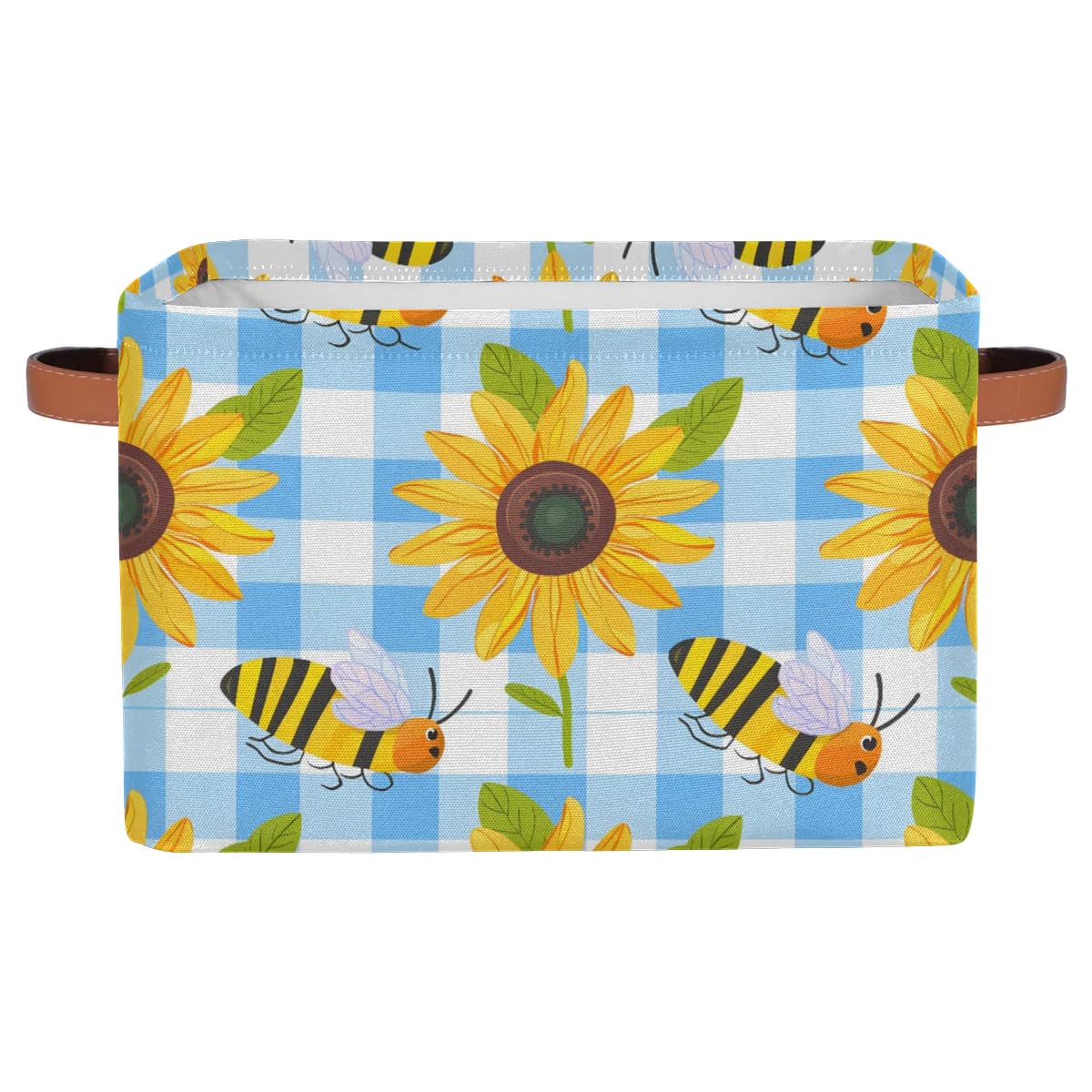 Bee Sunflower Plaid Large Storage Baskets for Shelves & Closets - 2 Pack Fabric Organizer Bins with Handles, Collapsible Decorative Baskets for Home Organization - Perfect for Clothes, Toys & Bedroom Storage