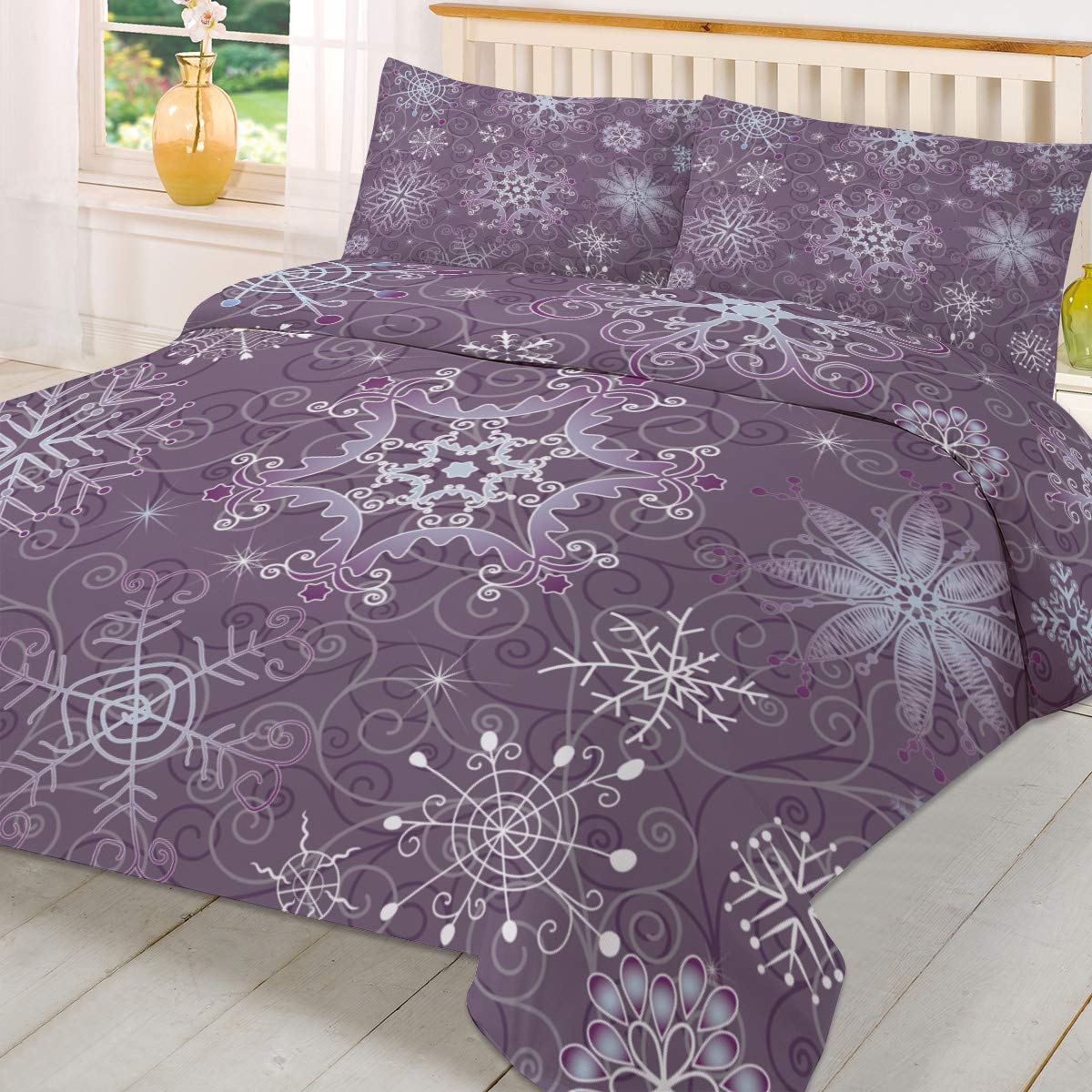 LooPoP 3-Piece Christmas Snowflake Comforter Set - Violet Floral Pattern, Super Soft & Wrinkle-Free Queen Bedding with Pillow Shams | All-Season Luxury for Adults & Kids | Perfect for Holiday Decor & Cozy Winter Nights