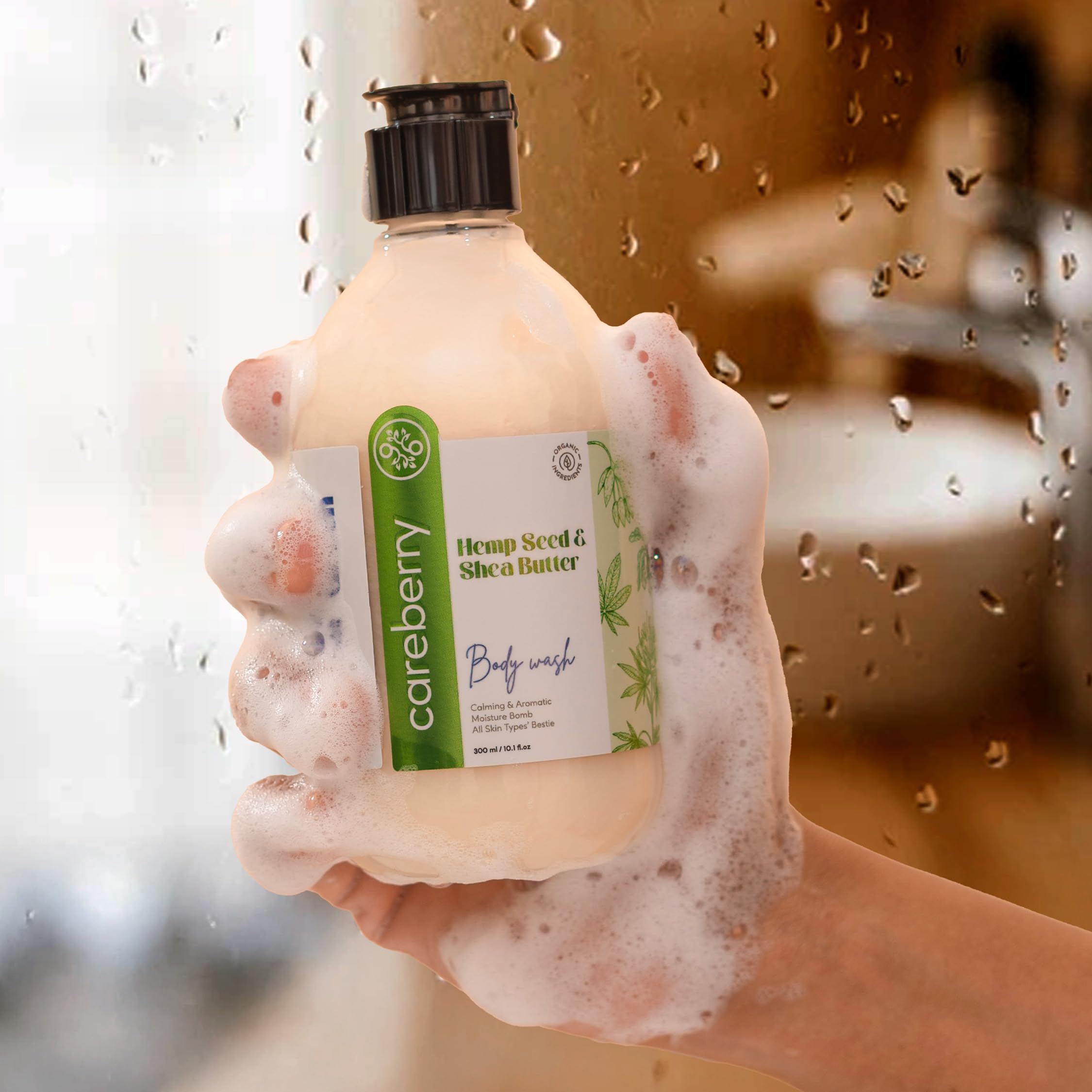 Careberry Hemp Seed Oil & Shea Butter Body Wash - Sulfate & Paraben Free, Ayurvedic Certified, 300ml | Daily Moisturizing for Dry Skin, Perfect for Shower & Bath Routine