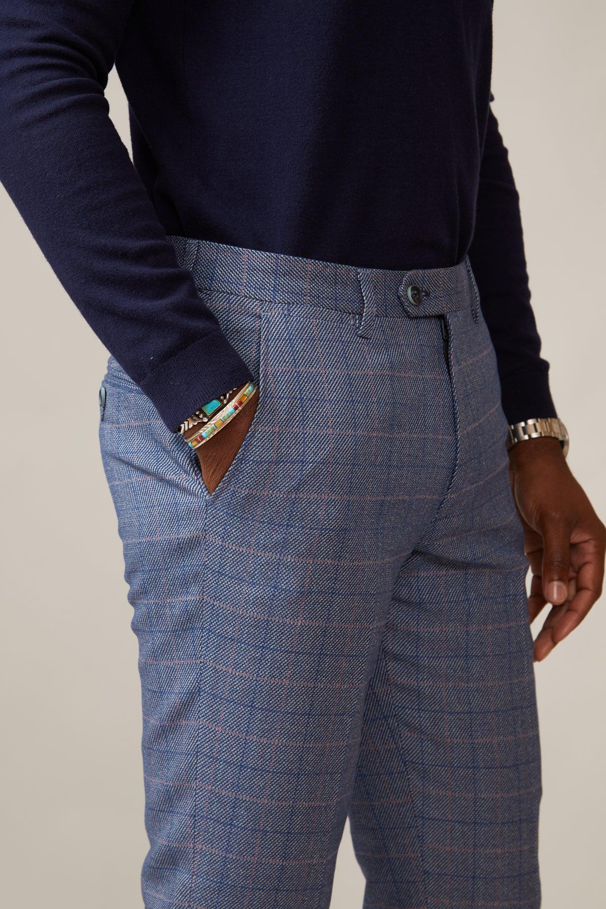 HILTON Blue Tweed Check Trousers for Men - Classic Slim Fit Dress Pants for Office, Business & Formal Occasions