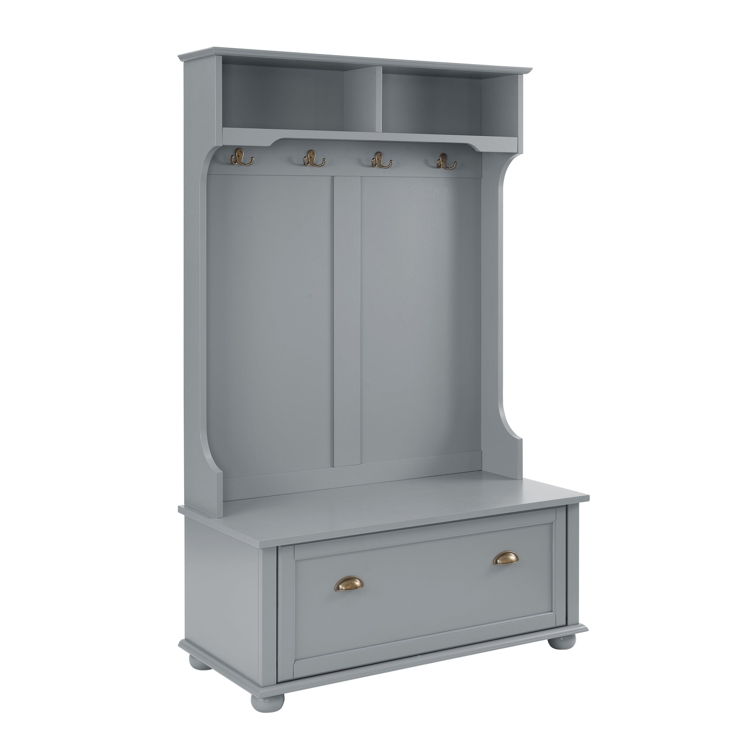 Classic Coastal Style Hall Tree Entryway Bench with Open Shelves & Shoe Storage - Solid Wood Feet, Gray (40W x 18.5D x 64.5H) - Perfect for Mudroom Organization & Small Space Entryway Decor