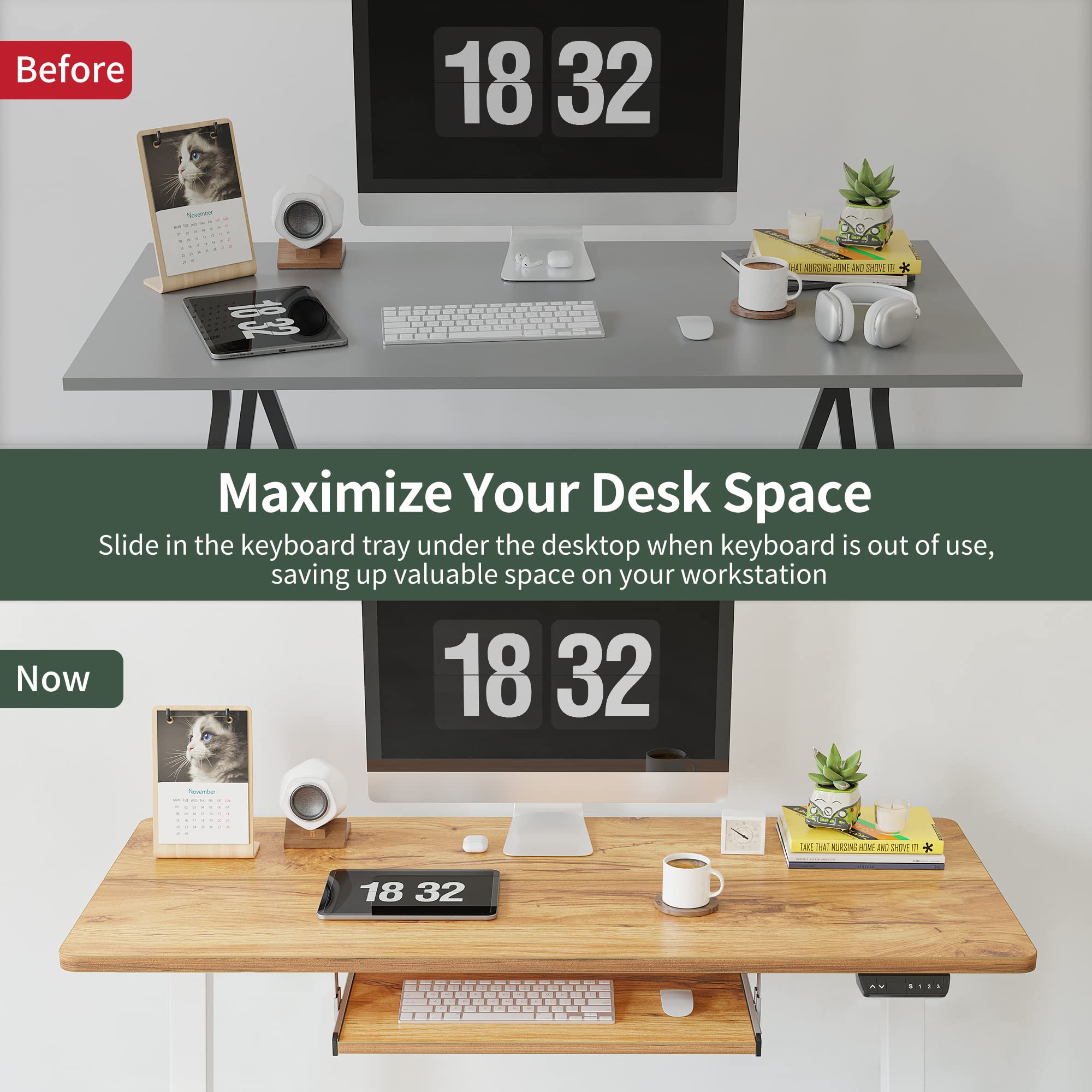 FEZIBO 40 × 24 Inches Electric Height Adjustable Standing Desk with Keyboard Tray - Sit Stand Office Desk for Home & Workspace, Light Rustic Finish - Perfect for Remote Work, Gaming & Ergonomic Computing Setup