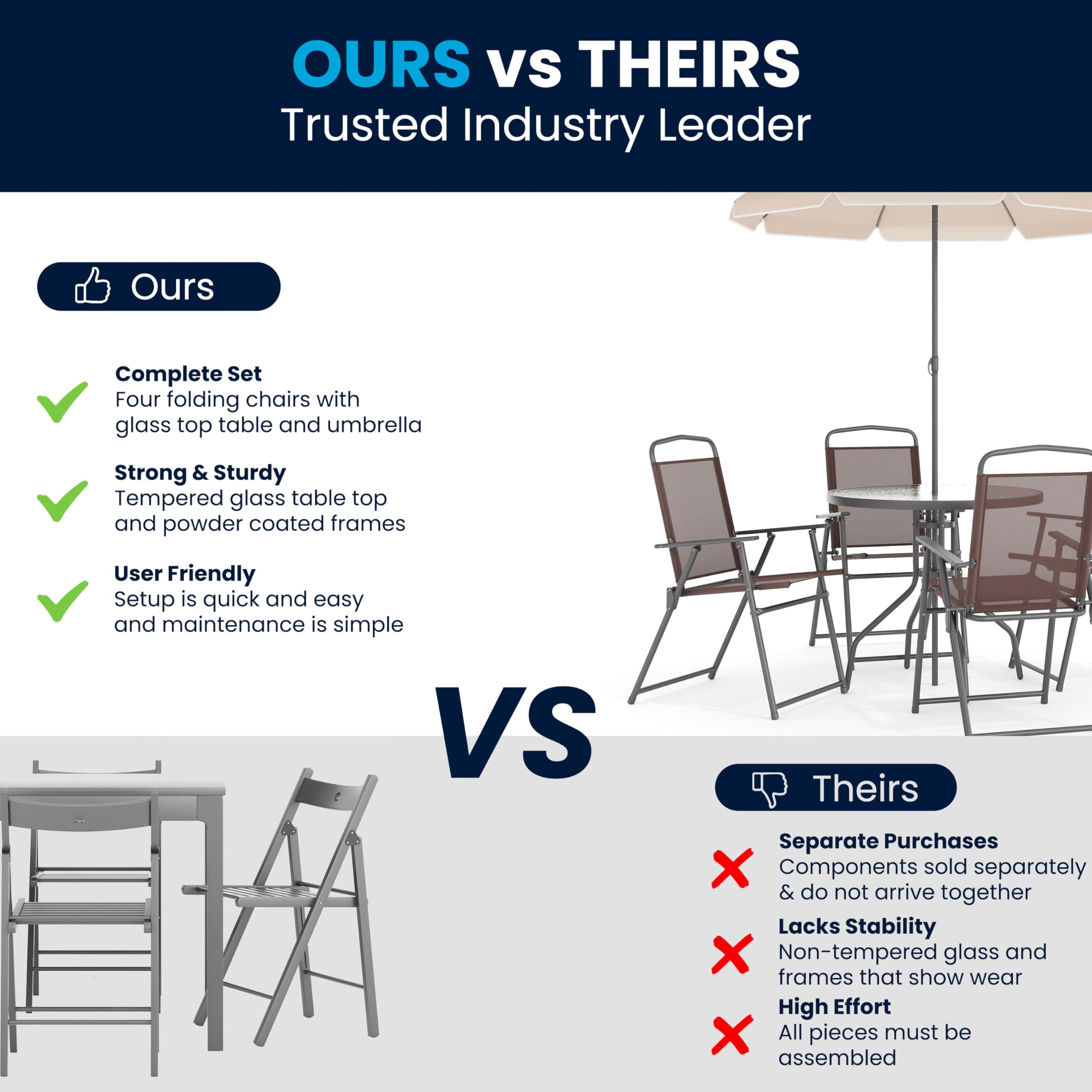Flash Furniture Nantucket 6-Piece Outdoor Patio Dining Set with Glass Table, 4 Folding Chairs & Umbrella - Brown Rattan Wicker Furniture for Backyard, Garden, Poolside & Deck Dining