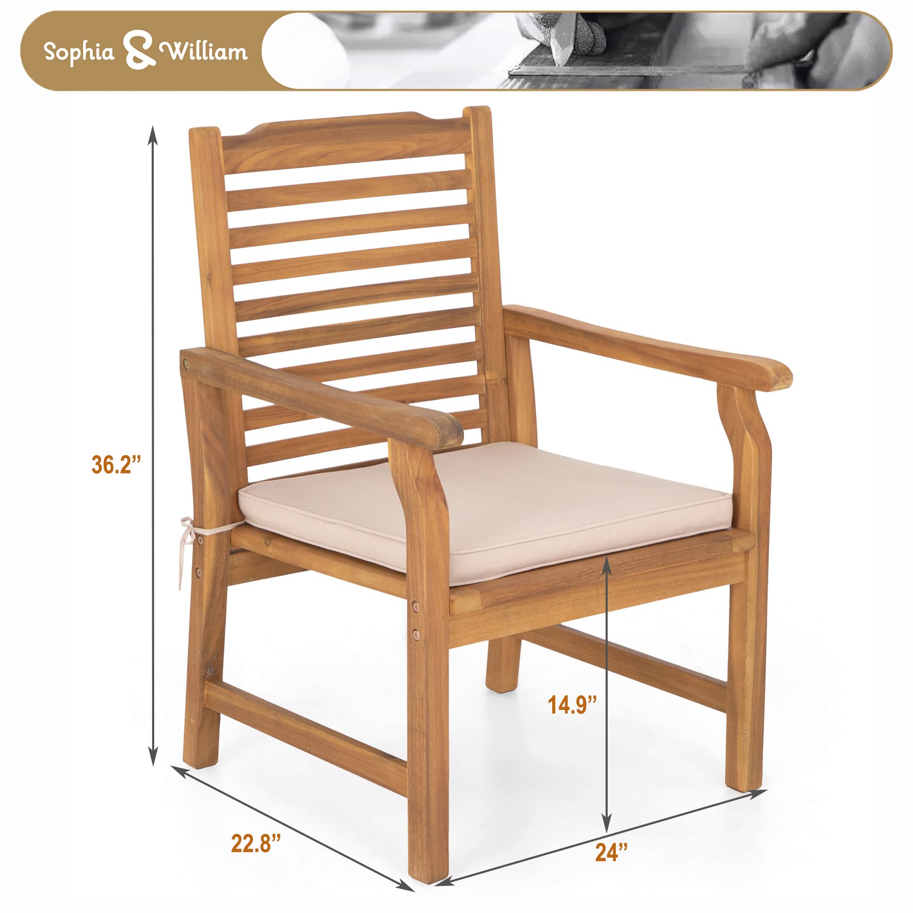 Sophia & William 2-Piece Acacia Wood Patio Dining Chairs with Cushions - Outdoor Oil Finish Middle Back Wooden Armchairs Set - Natural Teak Wood Chairs for Porch, Yard, Balcony, Deck - Perfect for Outdoor Dining, Lounging & Entertaining
