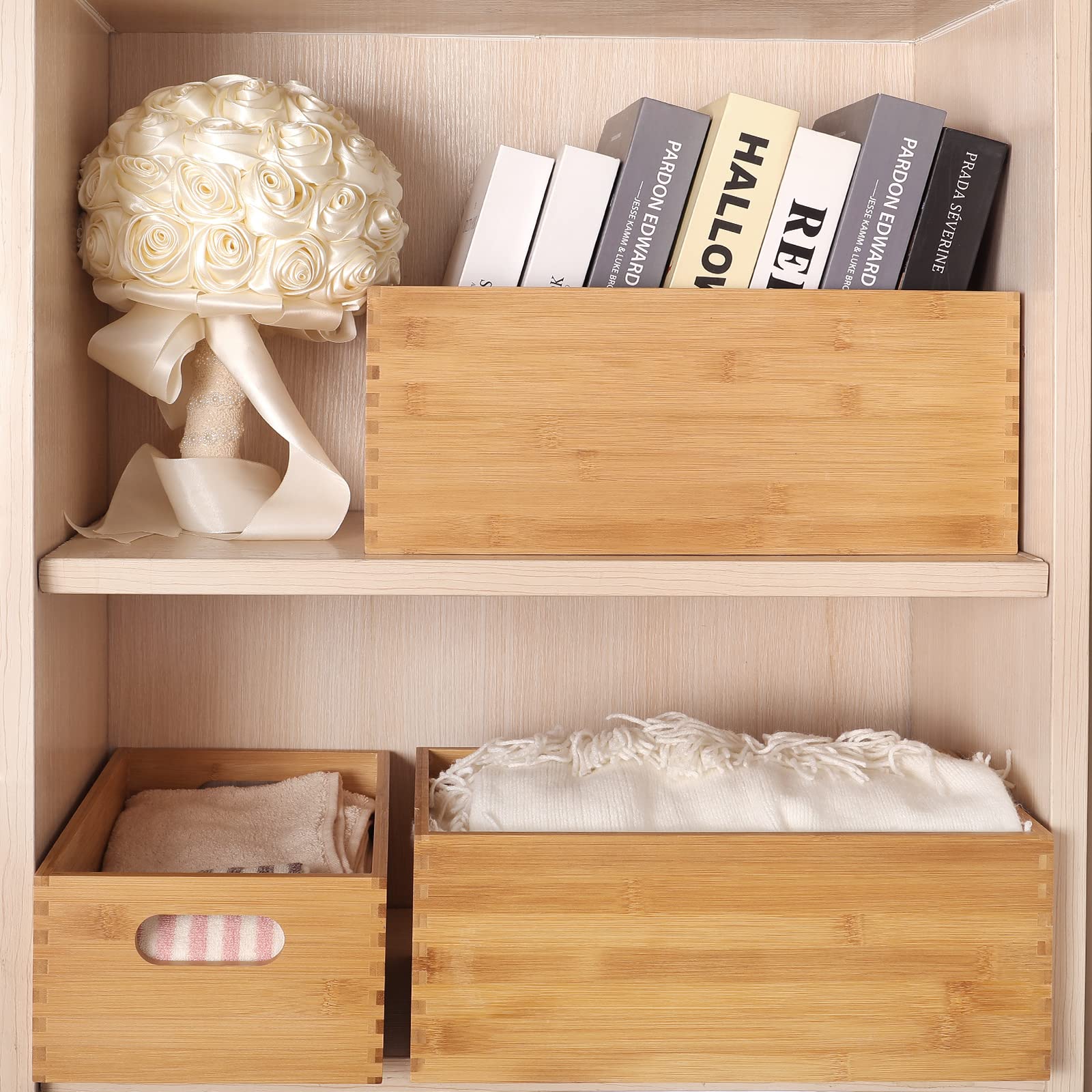 ANMINY Set of 4 Nesting Wooden Storage Crates - Natural Bamboo Wood Organizer Bins with Handles for Home, Office, Closet & Shelf Organization - Perfect for Toys, Books, Blankets & Home Decor Storage