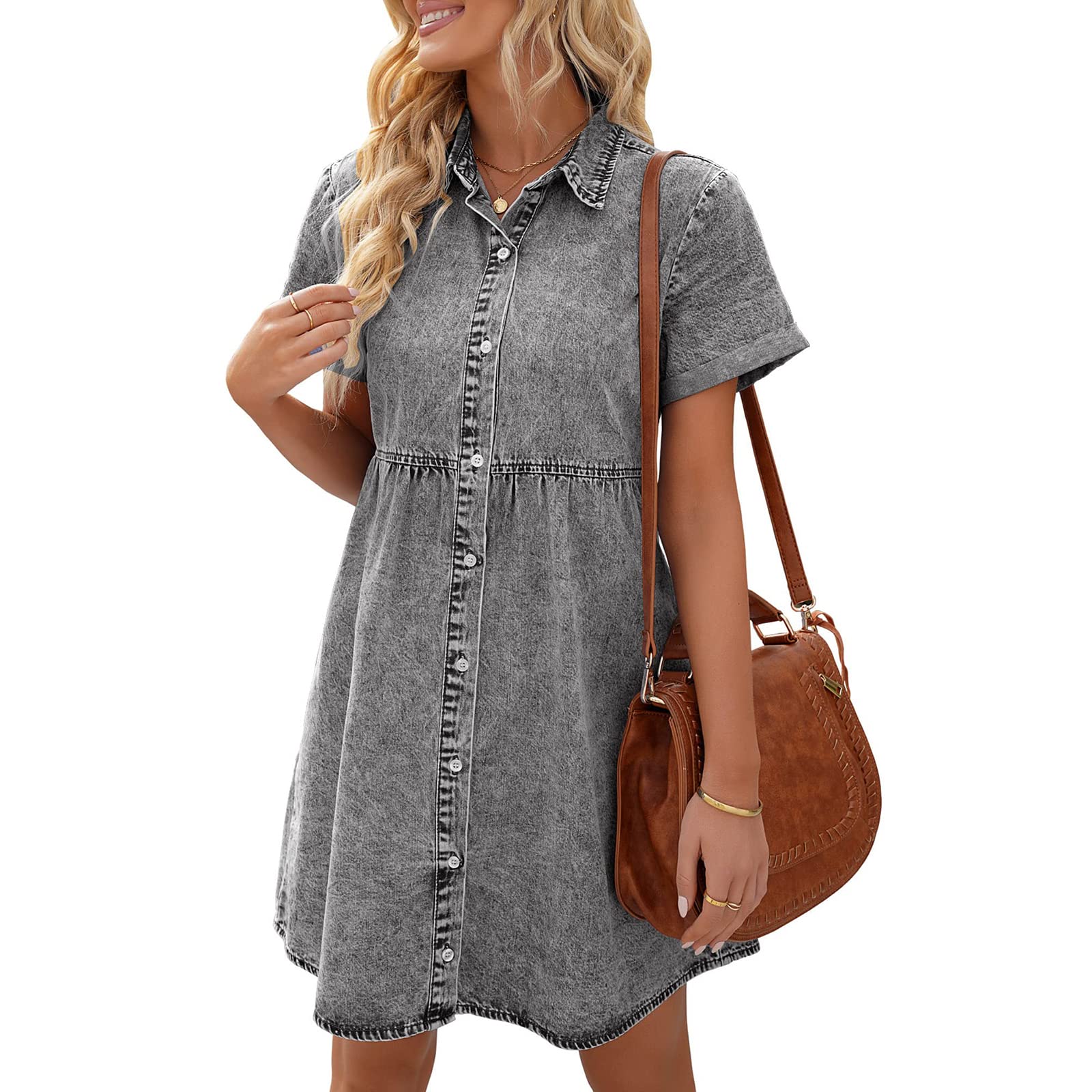 KMBANGI Women's Denim Short Sleeve Ruffle Tiered Shirt Dress - Casual Loose Swing Babydoll Mini Jean Dress for Summer Outfits, Beach Wear & Date Nights