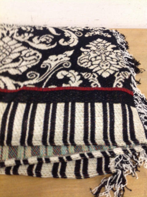 Black & White Fringe Throw Blanket - Soft Cozy Decorative Accent for Couch, Bed, or Home Decor