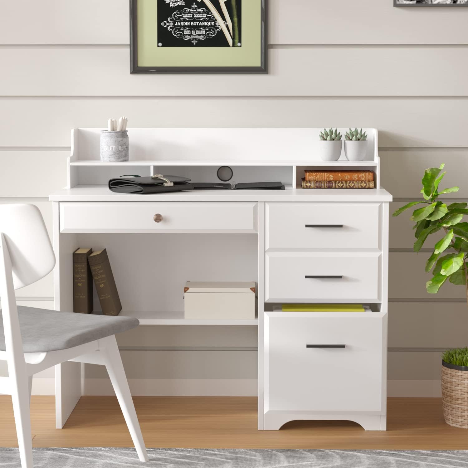 44 Inch White Computer Desk with Storage Drawers & Hutch - Home Office Desk with 4 Drawers, Monitor Stand & Writing Table for Small Spaces - Perfect for Bedroom Study, Gaming & Work from Home Setup