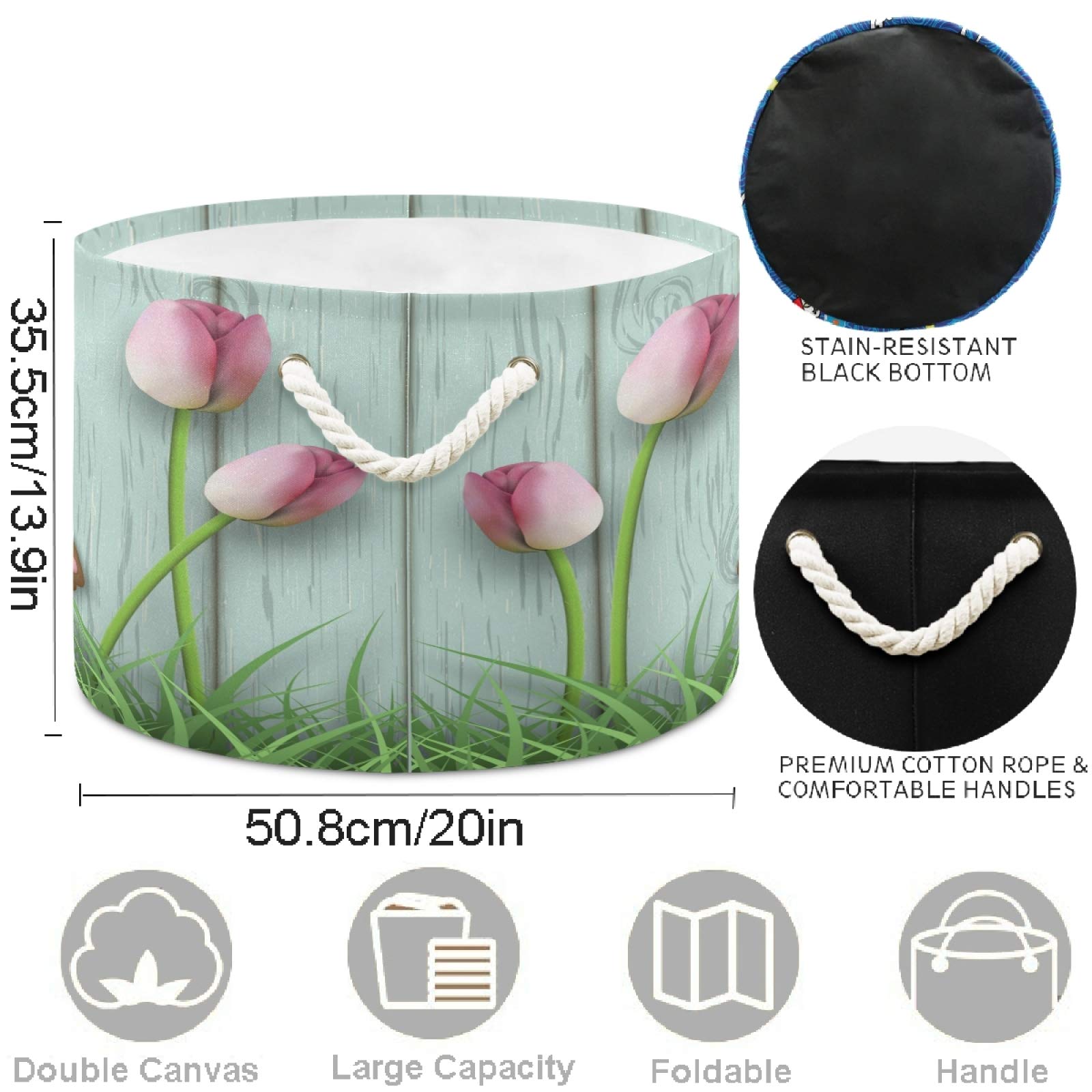 Visesunny Collapsible Large Capacity Storage Basket - Easter Brown Bunny Pink Tulip Design for Clothes, Toys & Laundry | Durable Cotton Handles | Space-Saving Home Organizer for Bathroom, Bedroom, Nursery & Closet | Perfect for Holiday Decor, Kids Room & Laundry Day Organization
