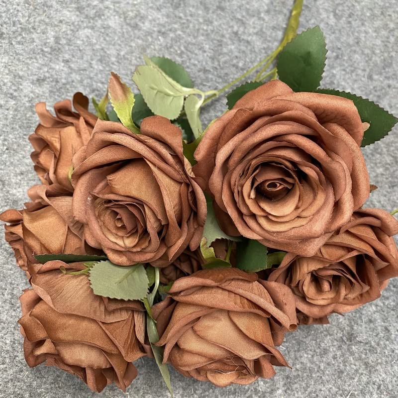 WANGPIPI 9-Stem Artificial Silk Rose Bouquet - Realistic Dark Coffee Floral Arrangement for Home Decor, Wedding Centerpieces & Bridal Photography | Perfect for Living Room, Bedroom, and Garden Decoration