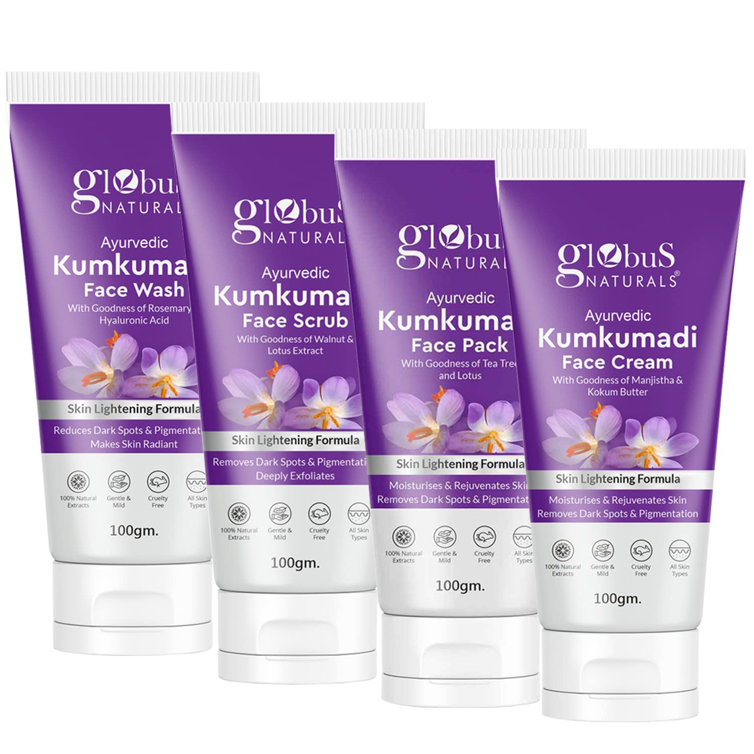 **Globus Naturals Kumkumadi Skin Lightening Face Care Combo Set - 4 Products (Face Wash, Scrub, Cream & Pack) for Brightening & Glowing Skin - Perfect for Daily Skincare Routine & Special Occasion Prep**
