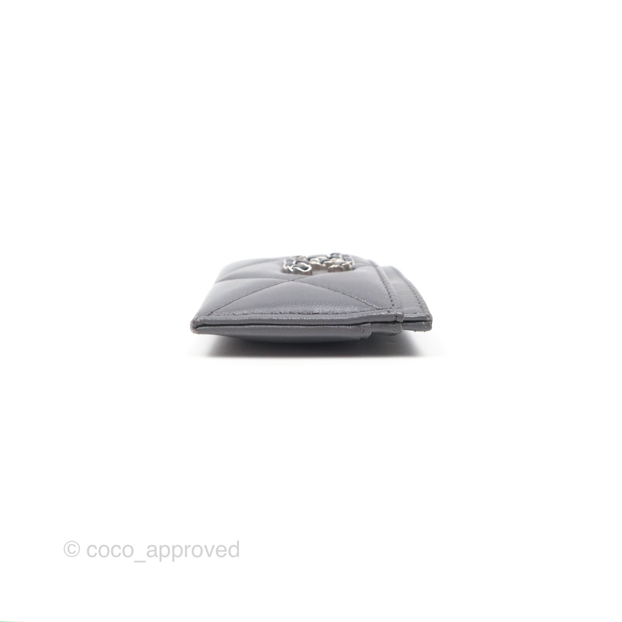 Chanel 19 Quilted Grey Leather Card Holder with Silver Hardware - Luxury Compact Wallet for Everyday Use & Travel