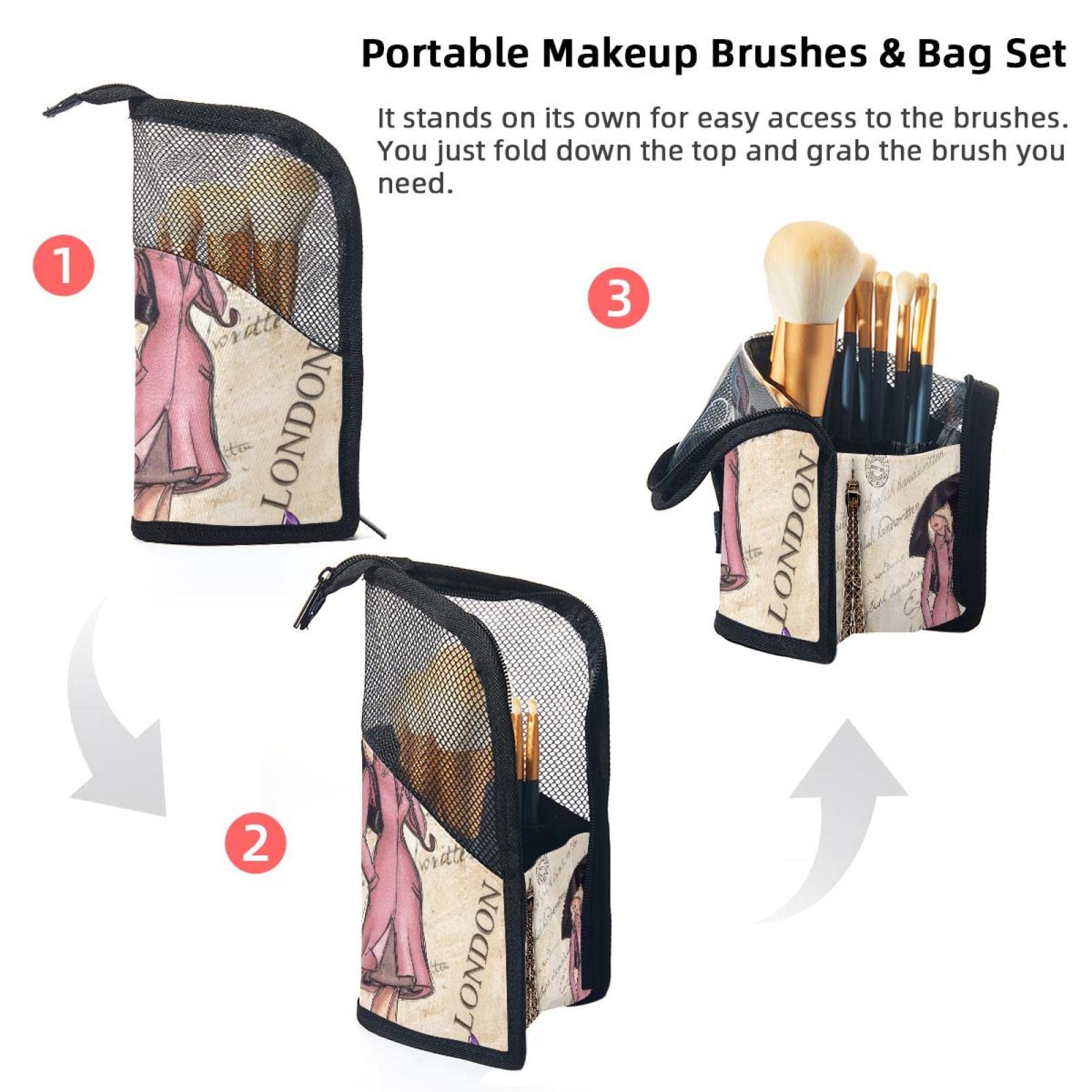 Portable Makeup Brush Organizer Bag with 12 Slots - Eiffel Tower & Girl Design - Travel Cosmetic Brush Holder Case for Professional Makeup Artists & Beauty Enthusiasts - Perfect for Home, Travel & Salon Use