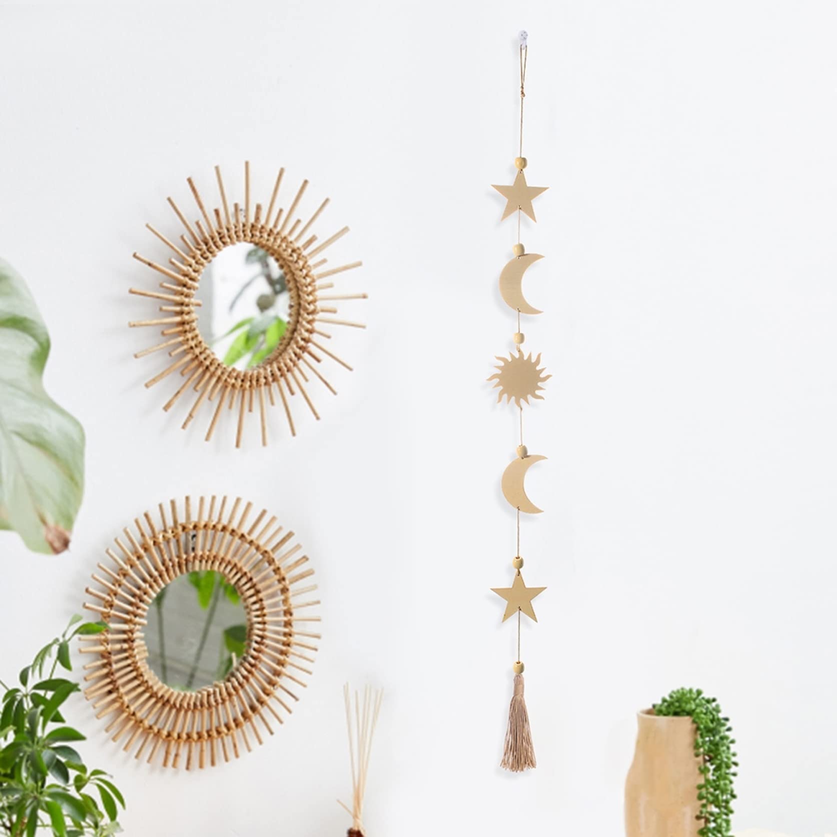 Handcrafted Wooden Moon Phase Wall Hanging - Boho Home Decor for Bedroom, Living Room & Christmas Decoration | Spiritual Lunar Art for Meditation Spaces & Cozy Home Aesthetics
