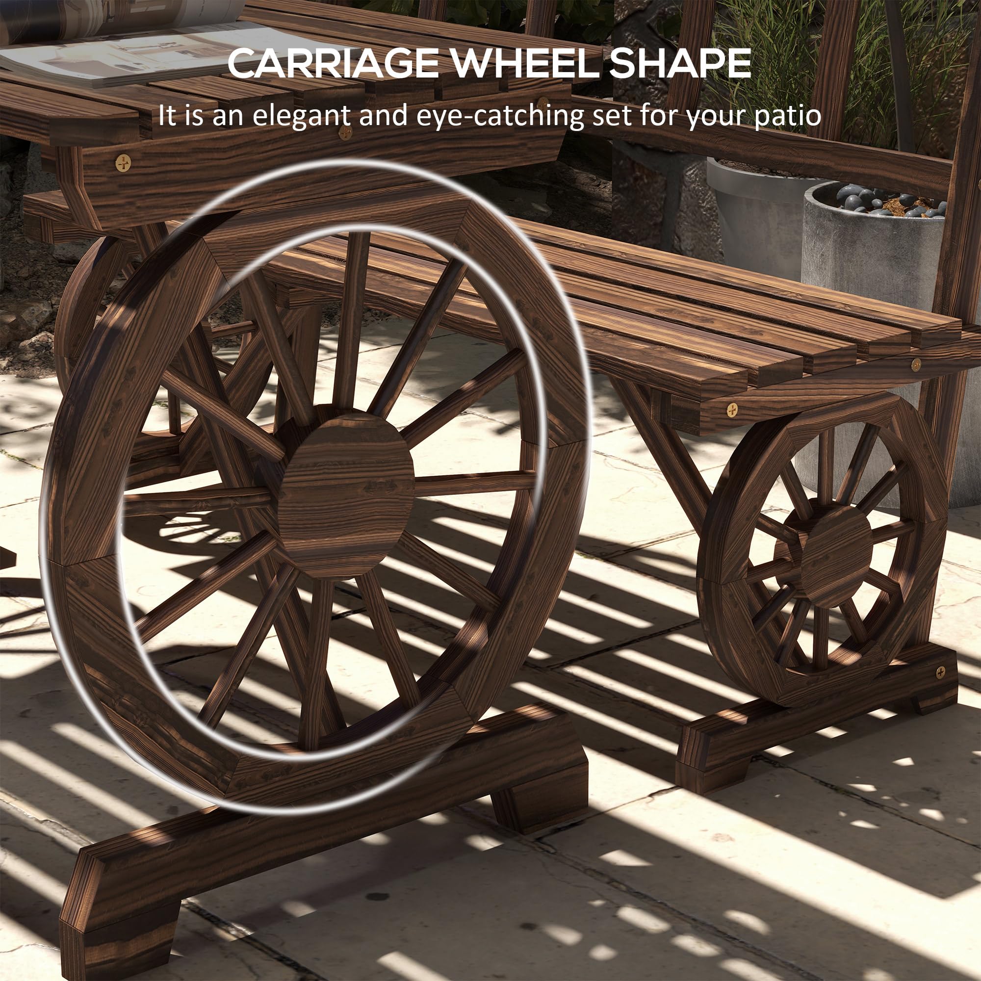 Outsunny 4-Person Outdoor Dining Set - 3-Piece Wooden Patio Table with Bench, All-Weather Wagon Wheel Design Furniture for Backyard, Garden & Deck (Carbonized Finish) - Perfect for Family BBQs, Outdoor Entertaining & Relaxing in Your Yard