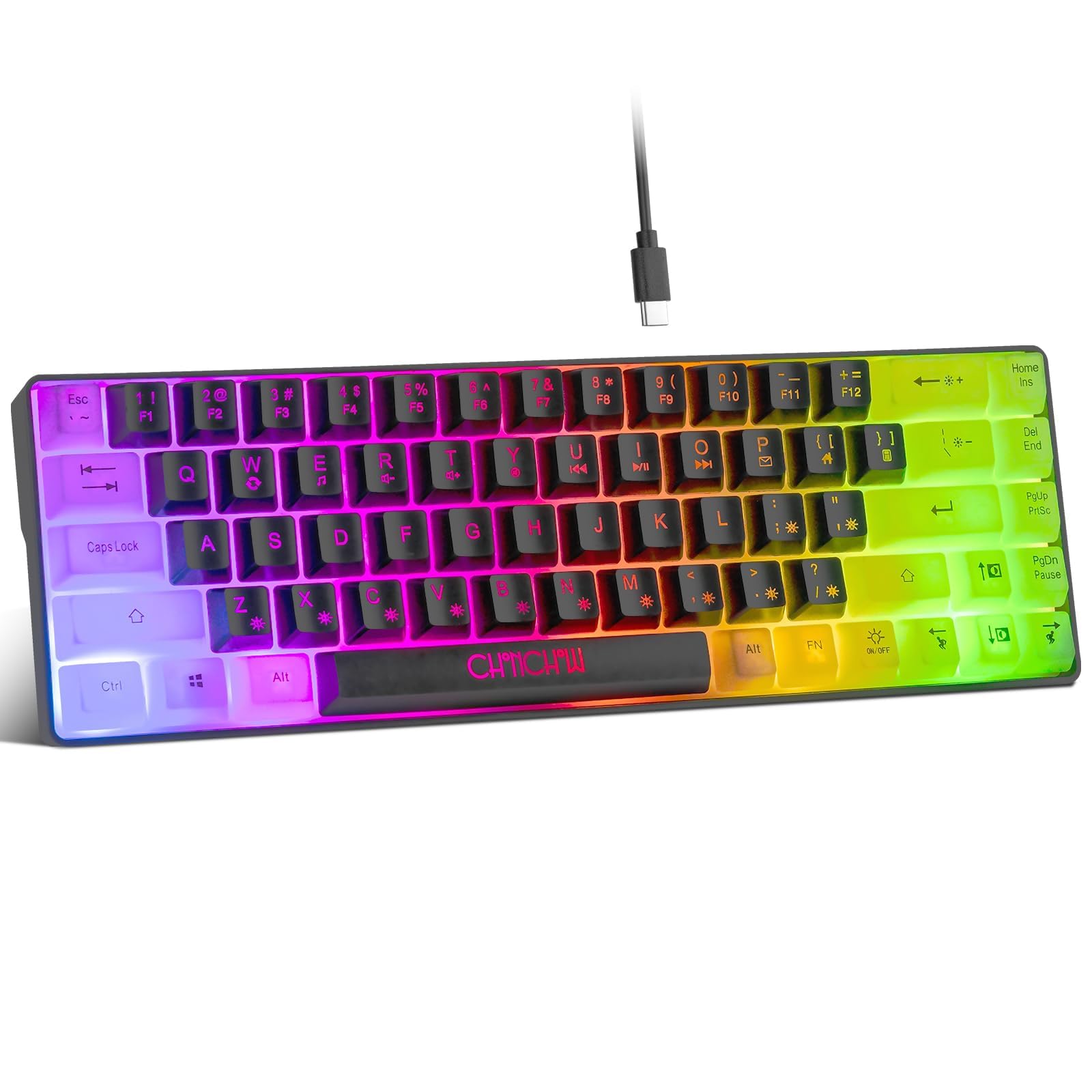 CHONCHOW Mini RGB 60% Mechanical Gaming Keyboard - 68 Key Compact USB Wired Backlit Keyboard with Rainbow Lighting for PC, Laptop, Xbox, PS4, PS5 - Perfect for Gaming, Office Work & Small Desks (Black-White)