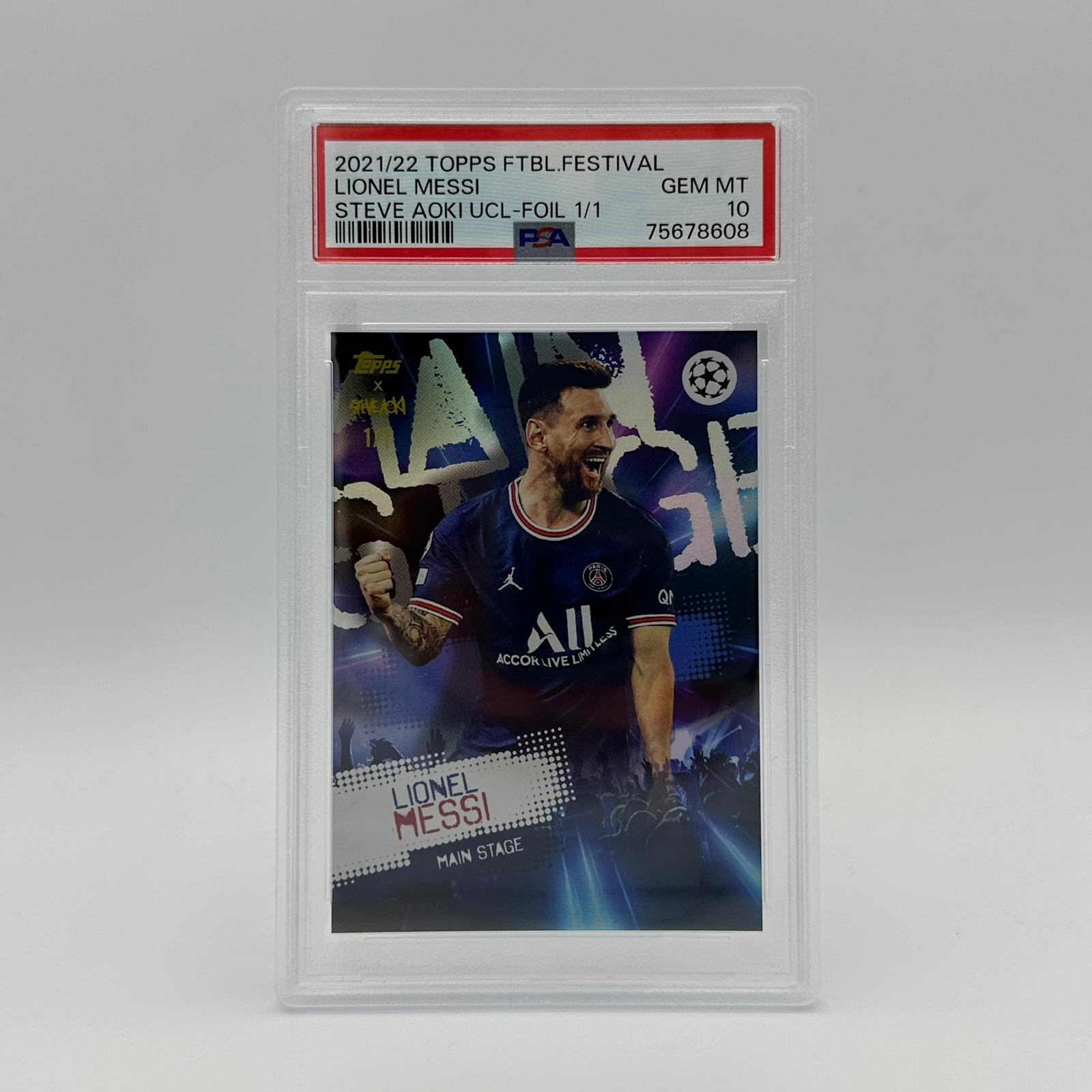 PSA 10 Lionel Messi & Steve Aoki 1/1 Football Festival Foil Card - Rare Collectible for Soccer Fans & Memorabilia Enthusiasts - Perfect for Display, Investment & Sports Collections