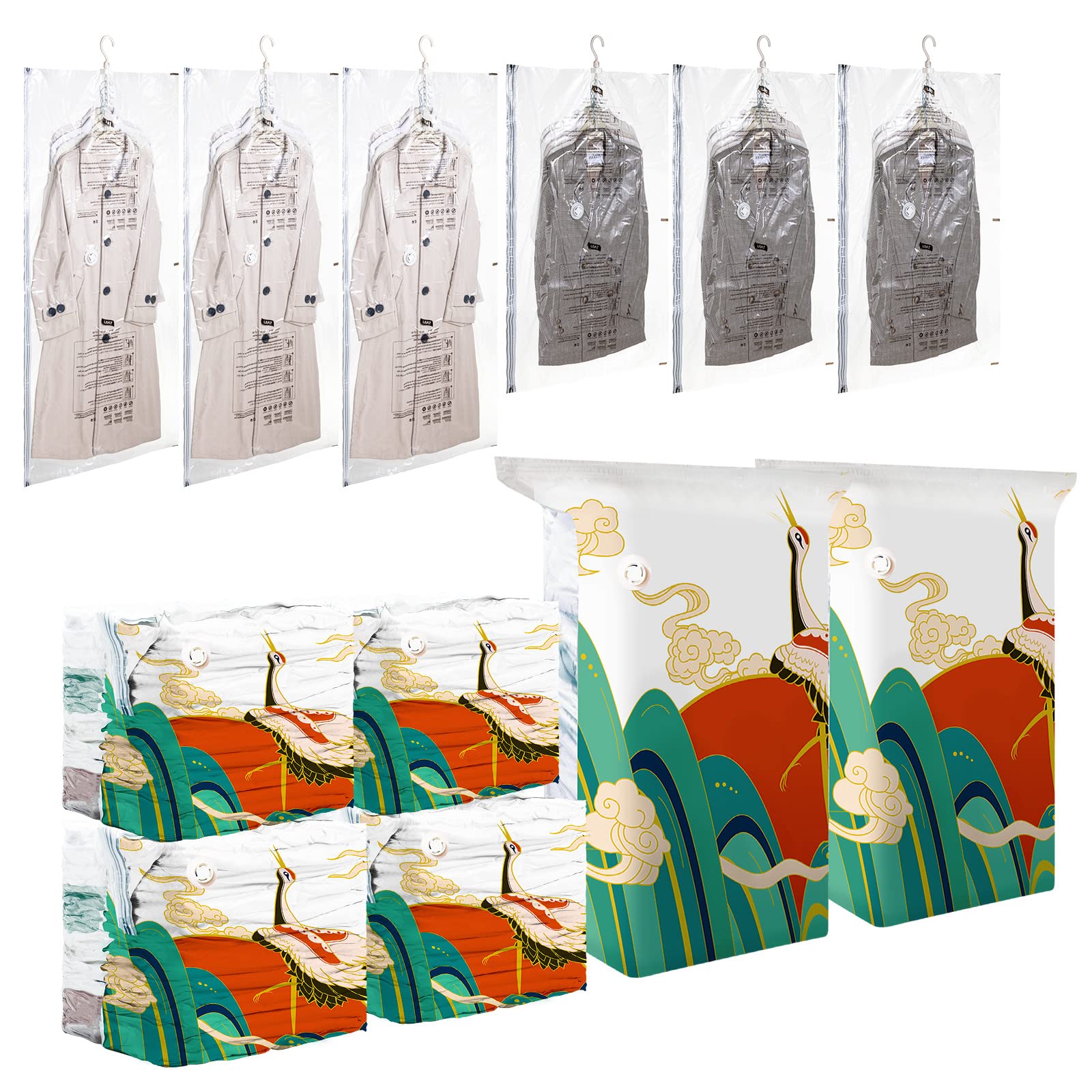TAILI Vacuum Storage Bags for Clothes - 12 Pack Space Saver (6 Hanging & 6 Jumbo Cube) | Closet Organizer Bags | Multi-Colored | Perfect for Seasonal Clothing Storage, Travel & Home Organization