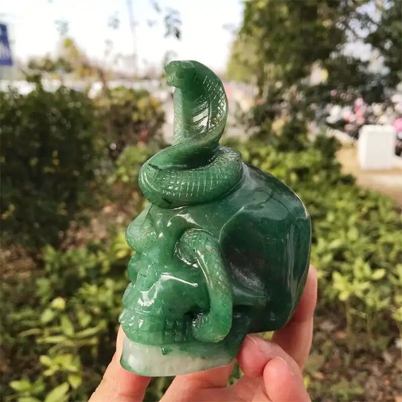 11CM Natural Green Aventurine Snake Skull Carving - Healing Crystal, Lucky Stone for Home Decor, Halloween Party & Spiritual Gifts | Feng Shui, Meditation & Positive Energy Enhancer