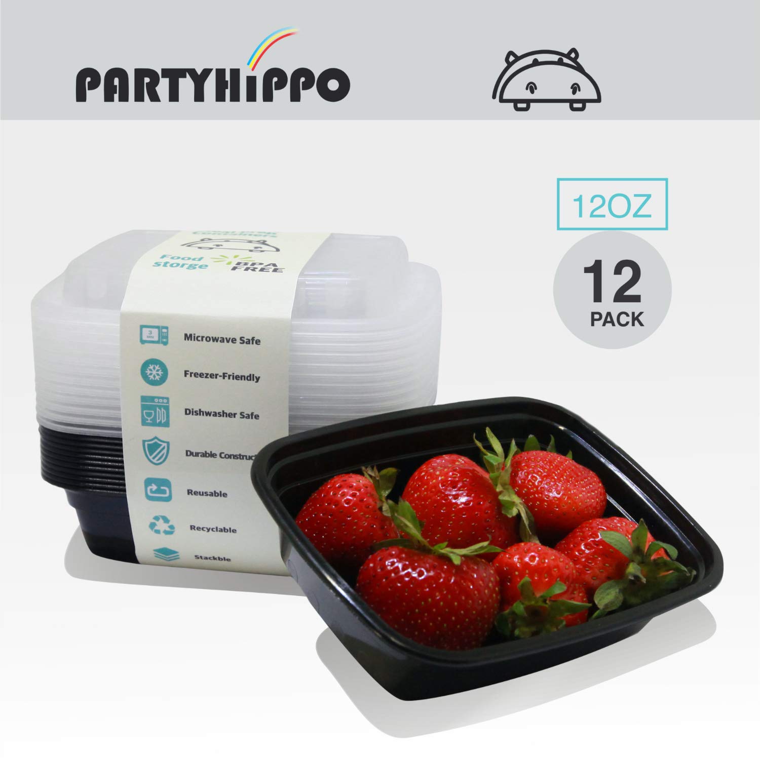 PARTYHIPPO 12-Pack Small Meal Prep Containers with Single Lids, 12 oz BPA-Free Food Storage | Stackable & Reusable Bento Lunch Boxes | Microwave, Dishwasher & Freezer Safe | Perfect for Portion Control, Meal Planning & On-the-Go Lunches