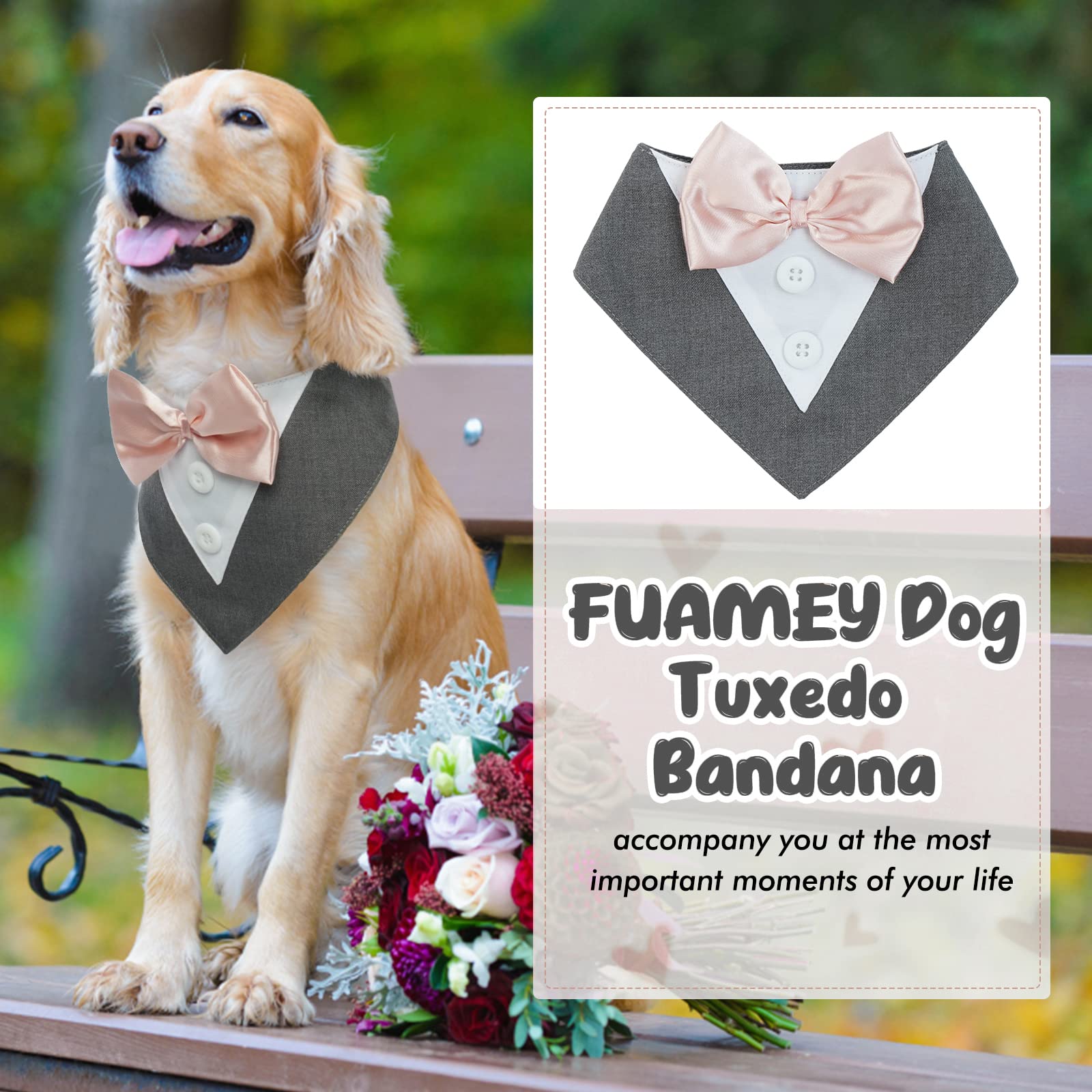 FUAMEY Adjustable Dog Tuxedo Costume - Formal Wedding Bow Tie Bandana & Collar Set for Small Medium Large Dogs - Grey Pet Party Outfit for Weddings, Birthdays, Valentine's Day & Cosplay Events