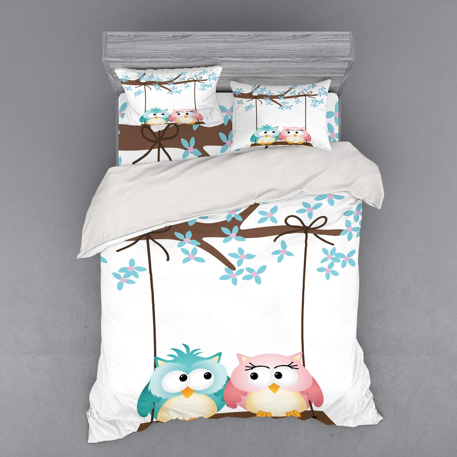 Ambesonne Cartoon Bedding Set - Queen Size 3-Piece Duvet Cover with Sham & Fitted Sheet, Romantic Owl Couple on Blossoming Tree Branch Design in Pale Pink & Blue - Perfect for Spring Bedroom Decor & Cozy Romantic Nights