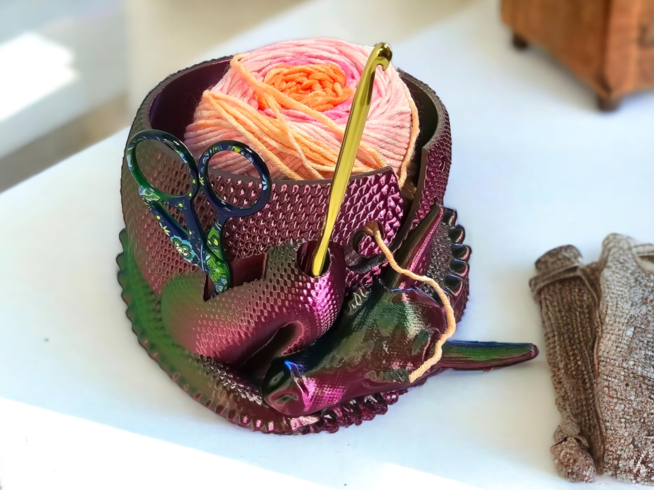 3D Printed Horned Dragon Yarn Bowl - Yarn Holder for Knitting & Crochet - Dragon Fantasy Decor & Yarn Organizer (Black/Blue/Purple) - Perfect for Crafting, DIY Projects & Home Decor