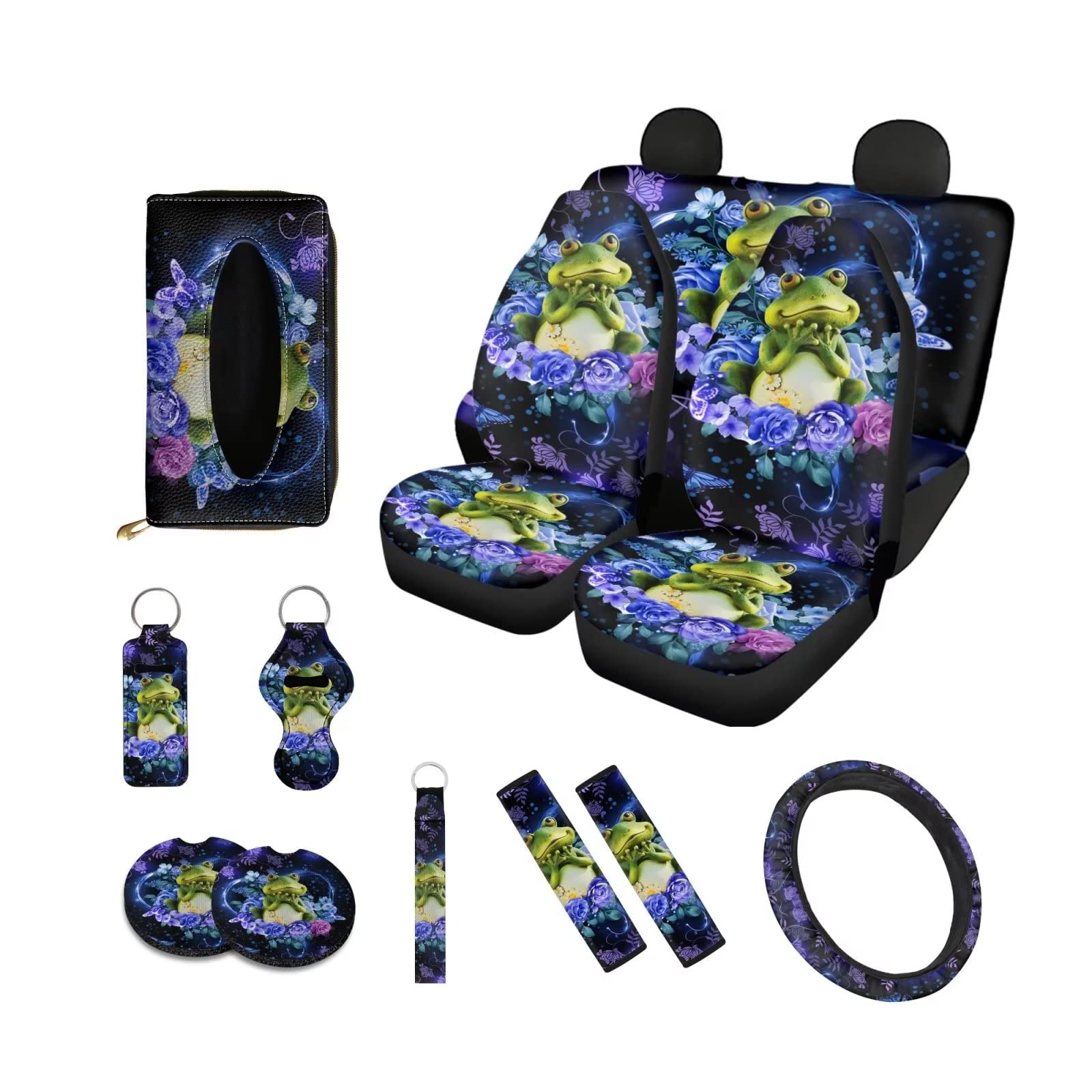 Poceacles 13-Piece Frog Flower Car Accessories Set - Includes Car Seat Covers, Steering Wheel Cover, Shoulder Pads, Cup Holders & Keychain Decor | Cute Frog-Themed Interior Upgrade for Cars, SUVs & Trucks | Perfect Gift for Women & Car Enthusiasts