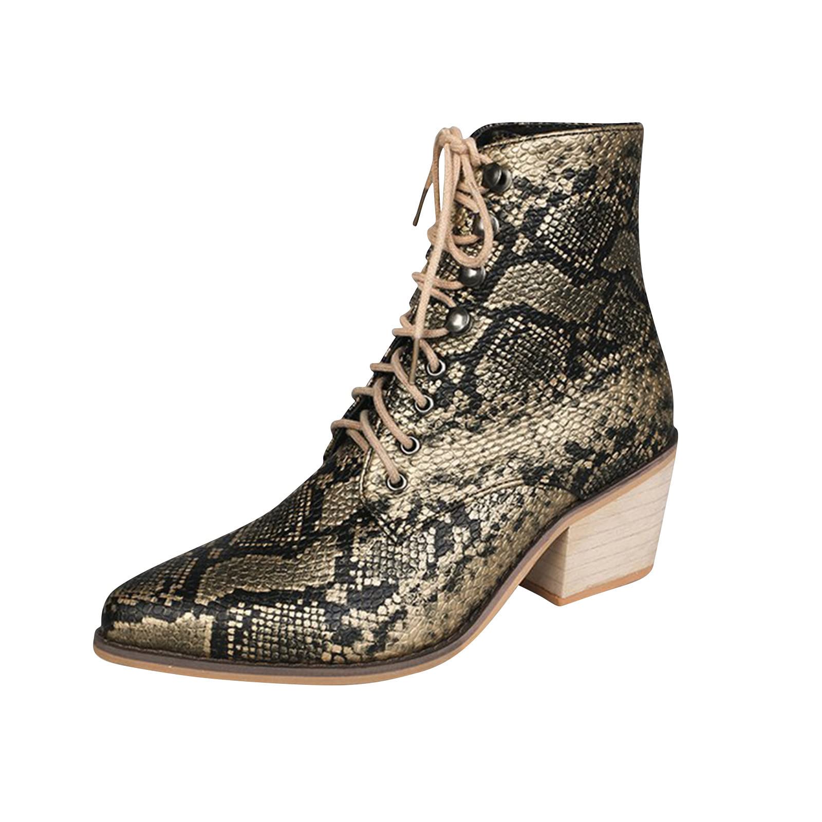 Women's Serpentine Leather Ankle Boots - Pointed Toe Lace Up Chunky Heel Booties for Women | Trendy Casual & Outdoor Shoes for Fall, Winter, Date Night & Office Wear