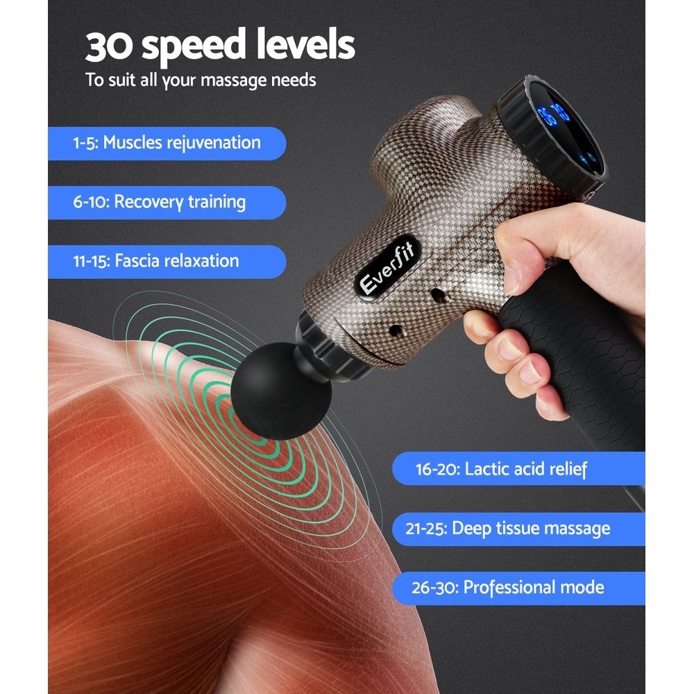 Everfit Deep Tissue Massage Gun with 6 Interchangeable Heads - Electric Percussion Massager for Muscle Pain Relief & Recovery - LCD Display & Vibration Therapy - Perfect for Athletes, Gym Workouts & Post-Exercise Recovery