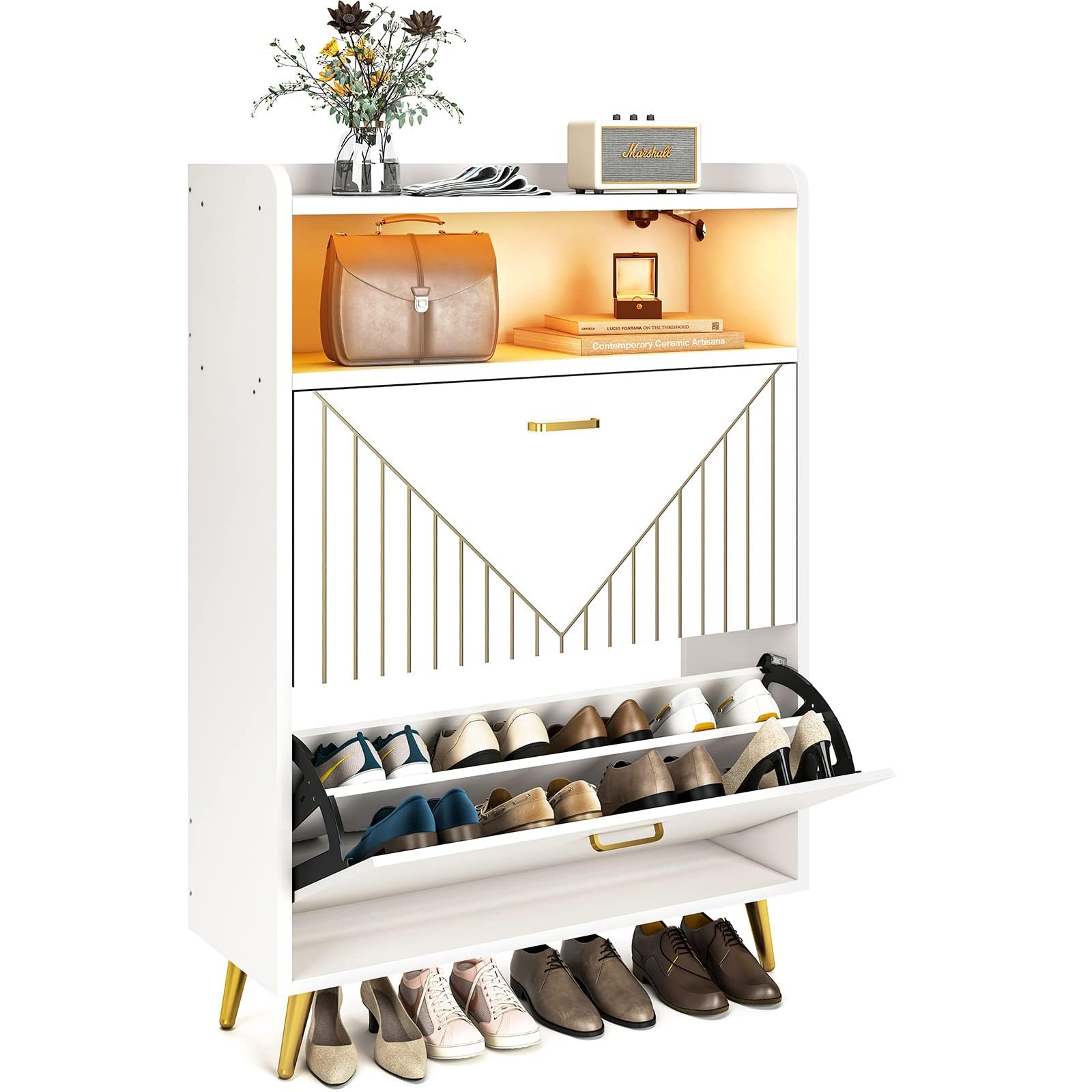 Aheaplus Shoe Cabinet with Flip Doors - Motion Sensor LED Shoe Storage Organizer, Freestanding Wooden Entryway Shoe Rack with Open Shelves - Perfect for Closet, Living Room & Hallway Organization (White)