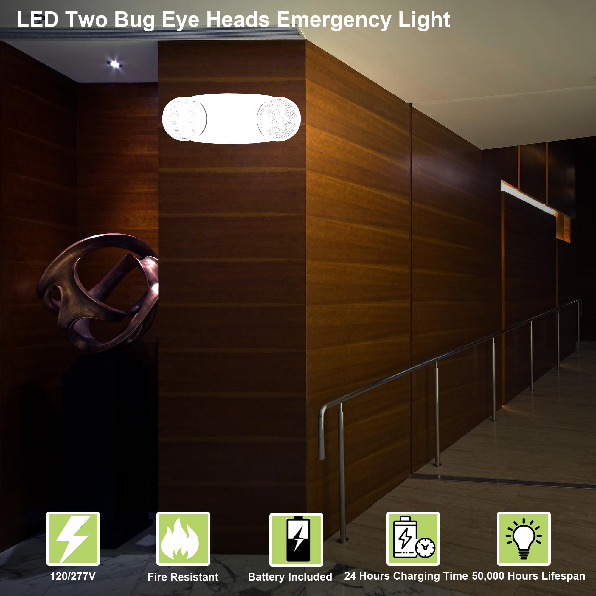 GRUENLICH LED Emergency Exit Light with 2 LED Bug Eye Heads & Backup Battery - UL 924 Certified, 120V/277V Dual Voltage - Ideal for Commercial Buildings, Warehouses & Emergency Exits (1-Pack)