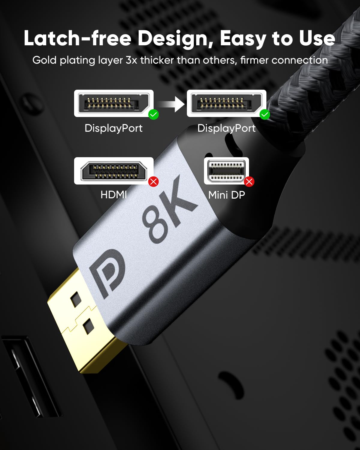 BUSOHE 8K DisplayPort Cable 1.4 (2M/6.6ft) - 8K@60Hz, 4K@144Hz, 2K@240Hz, 32.4Gbps, HDR, FreeSync, G-Sync - Compatible with Gaming Monitors, PCs, Laptops, TVs - Perfect for 8K Gaming, 4K Video Editing & Home Theater Setup