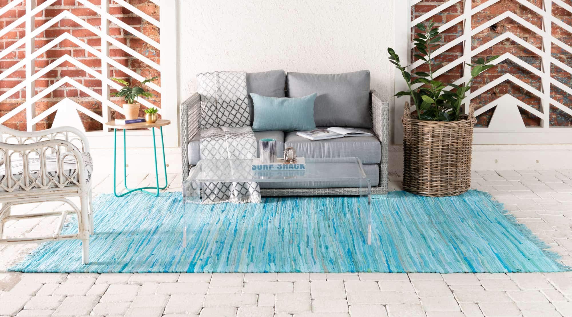 Unique Loom Handwoven Chindi Cotton Striped Area Rug - 8x10 ft Natural Fiber Floor Mat in Turquoise & Ivory | Boho Chic Living Room Decor, Bedroom Accent Rug