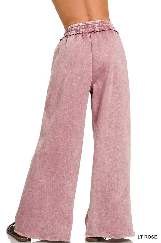 Acid Wash Pink Fleece Palazzo Sweatpants with Pockets - Women's High Waisted Loose Lounge Pants for Yoga, Travel & Home Comfort