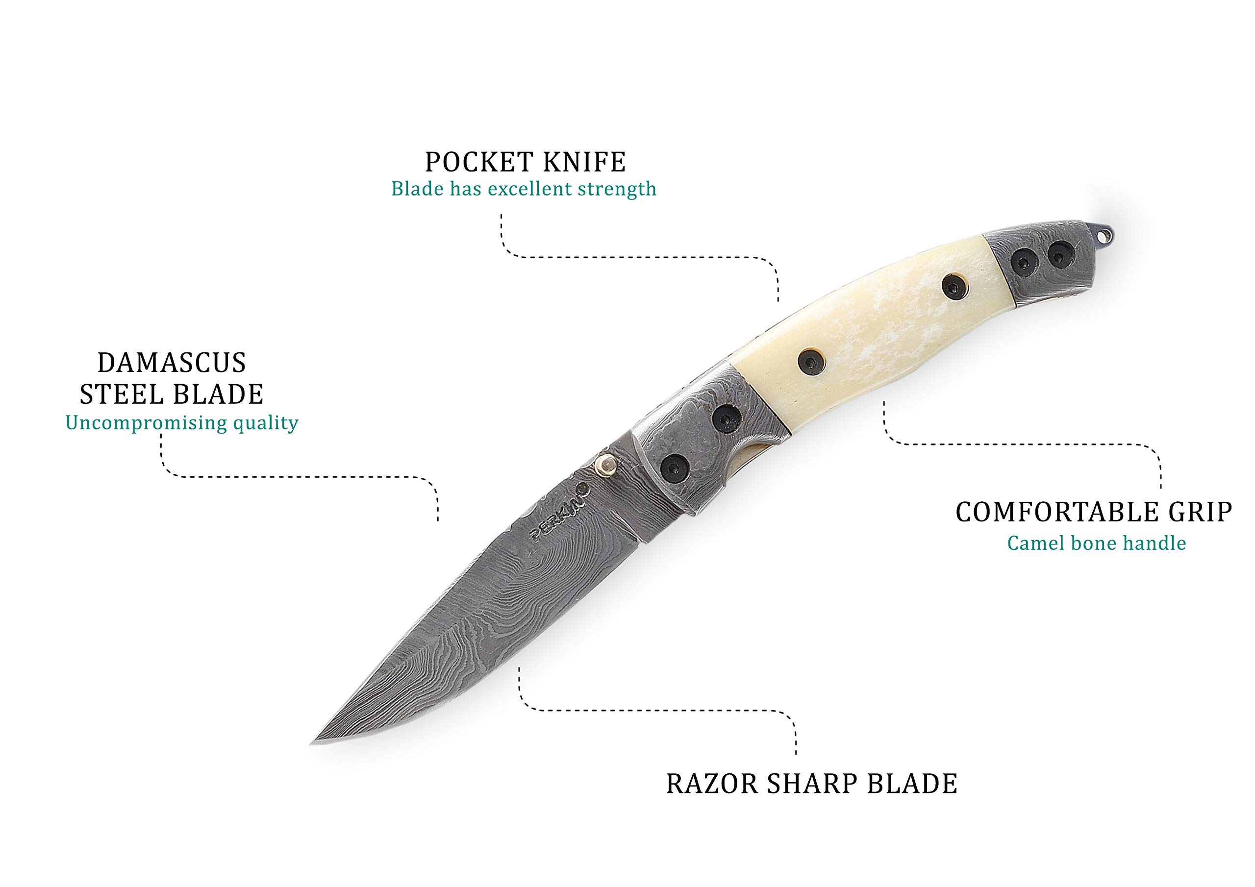 Perkin Knives - Handmade Damascus Steel Folding Pocket Knife - Artistic EDC Tool for Camping, Hiking & Outdoor Adventures
