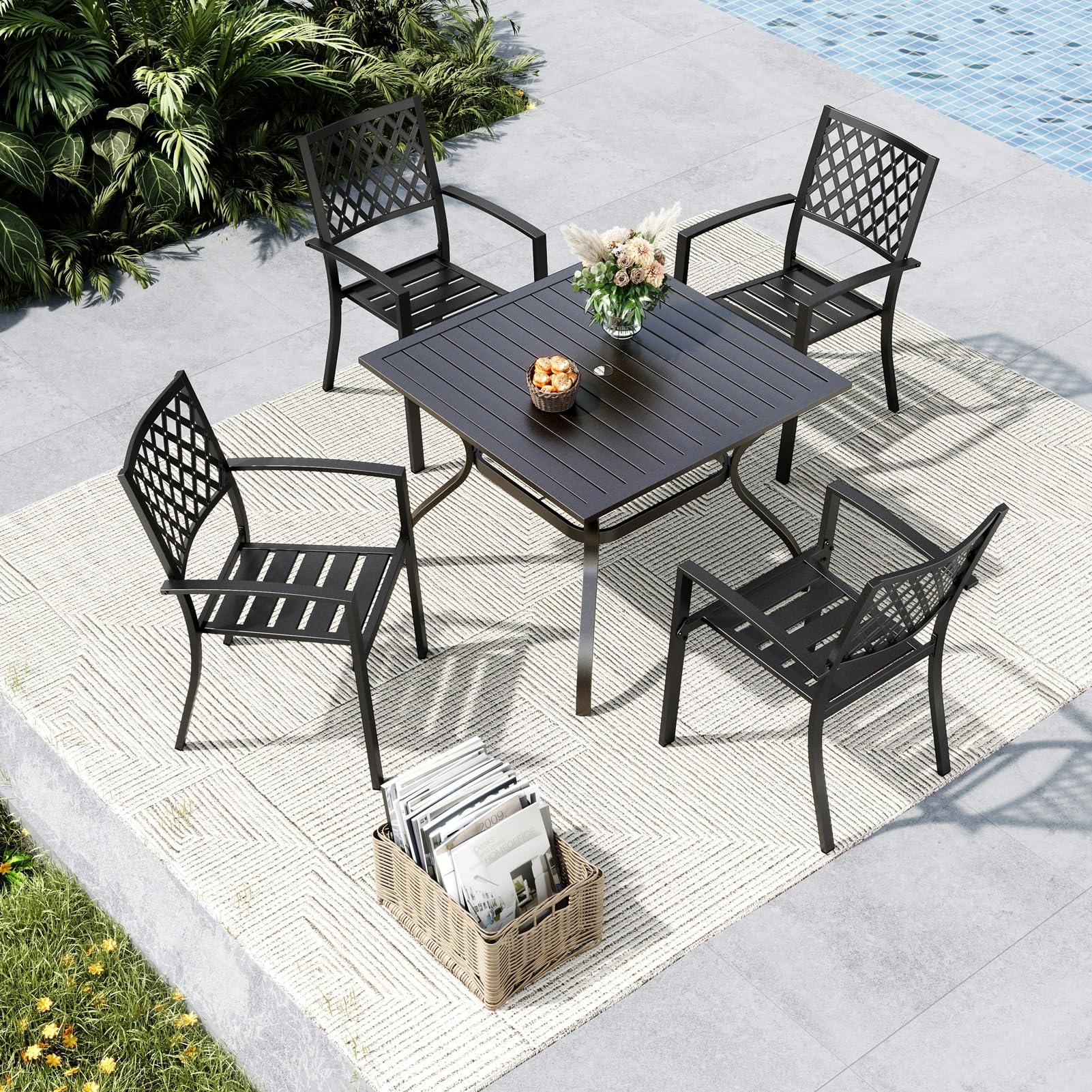 MFSTUDIO 4-Piece Black Metal Patio Dining Set with Square Table & Stackable Chairs - Outdoor Furniture for Deck, Backyard, Garden - Perfect for Family Gatherings & BBQ Parties