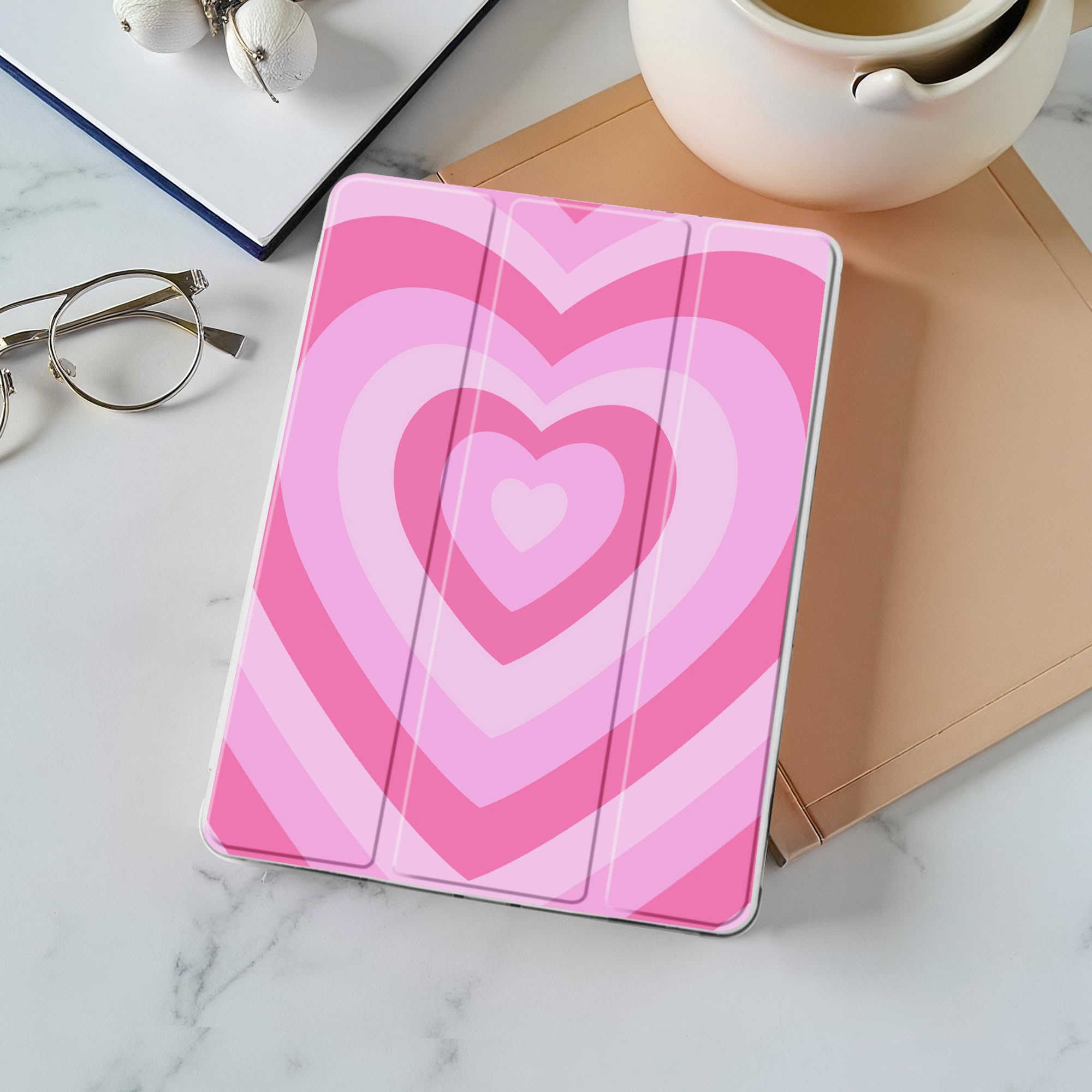 Pink Heart iPad Case for iPad 7th/8th/9th Gen (10.2 Inch 2019/2020/2021) - Cute Girly Abstract Design with Pencil Holder, Anti-Scratch & Shockproof Smart Trifold Stand Cover - Perfect for School, Work & Travel