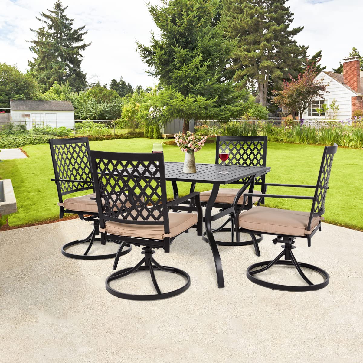MEOOEM 5-Piece Outdoor Patio Dining Set - Metal Swivel Rocker Chairs with Cushions, Garden Backyard Bistro Furniture (4 Chairs + 1 Table) | Perfect for Outdoor Entertaining, Relaxing in the Garden, and Backyard BBQs