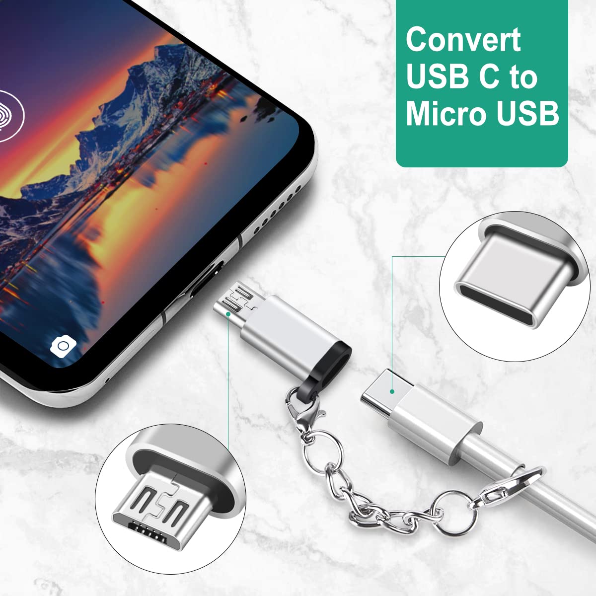 4-Pack USB C Adapter Set - Micro USB to USB C, USB C to USB-A, USB C Converter & OTG Adapter - Compatible with Huawei Mate, Galaxy, LG (Silver) - Perfect for Travel, Office & Device Charging
