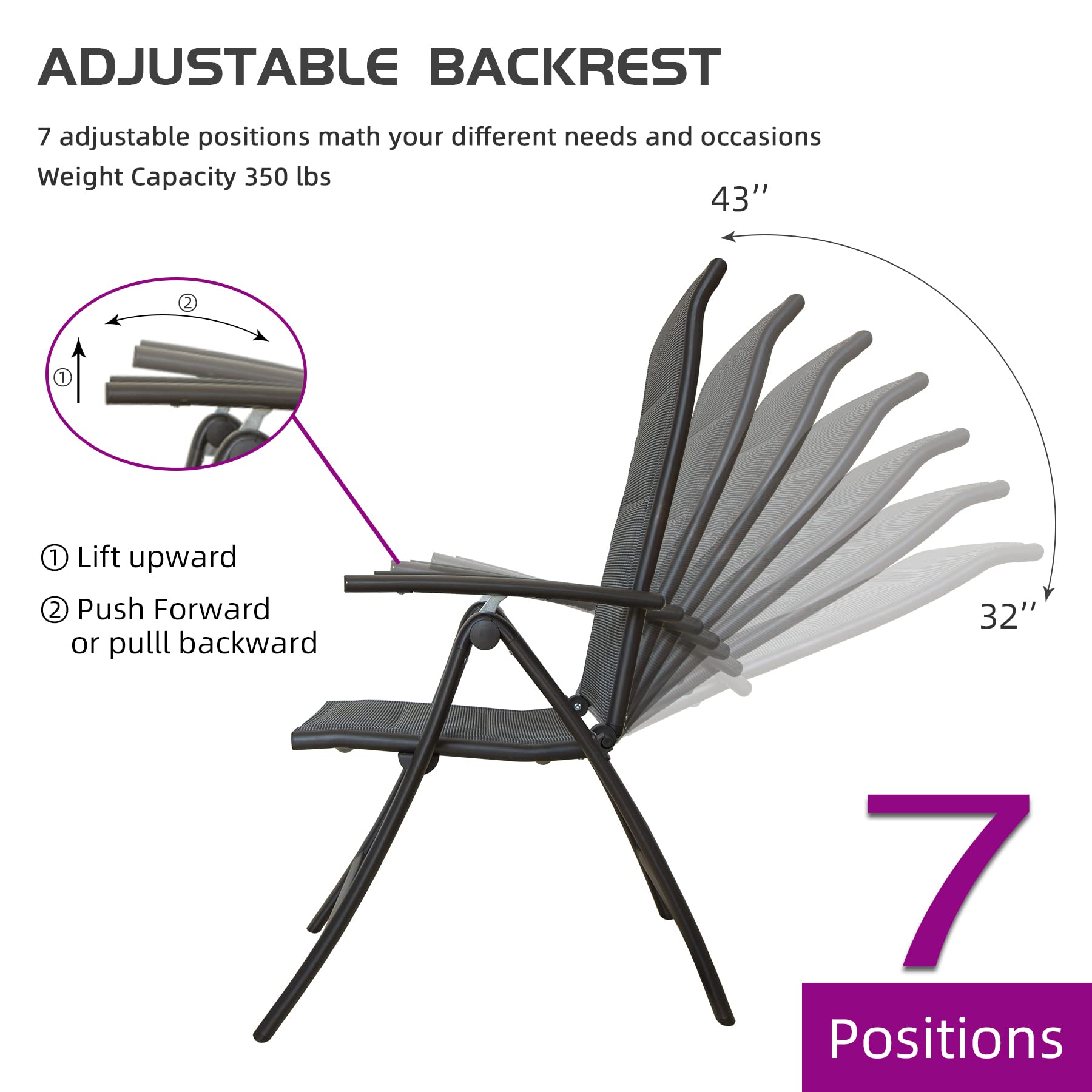 Domi Patio Outdoor Sling Chairs Set of 2 - Adjustable Reclining Folding Camping Chairs with Padded Seat & High Backrest - Perfect for Backyard, Poolside, Beach, and Patio Relaxation