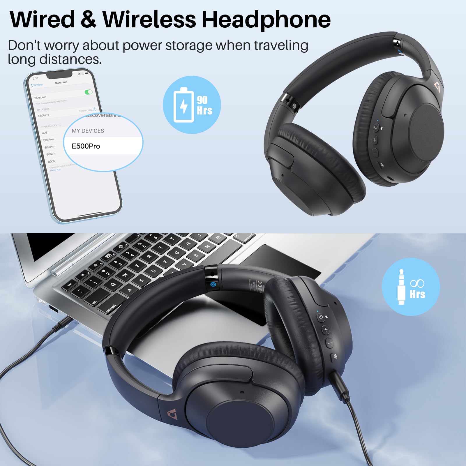 Lavales Bluetooth Over-Ear Headphones with Active Noise Cancelling, 90H Playtime Wireless Headphones with Built-in Mic - Perfect for Airplane Travel, Home Office, Android Devices & Commuting
