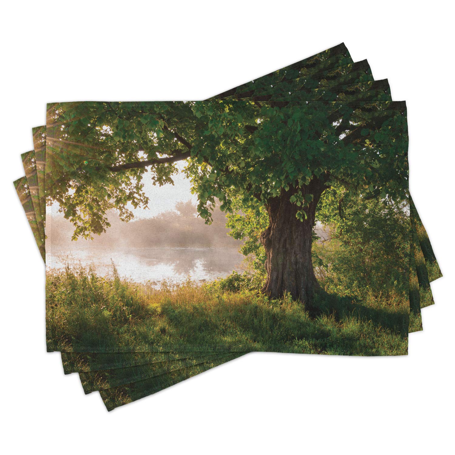Ambesonne Tree Place Mats Set of 4 - Mystical Forest Landscape with Fog and Stream Design, Washable Fabric Table Mats for Dining Room & Kitchen Decor in Brown & Green | Perfect for Fall Decor, Thanksgiving Dinner, and Rustic Home Decor