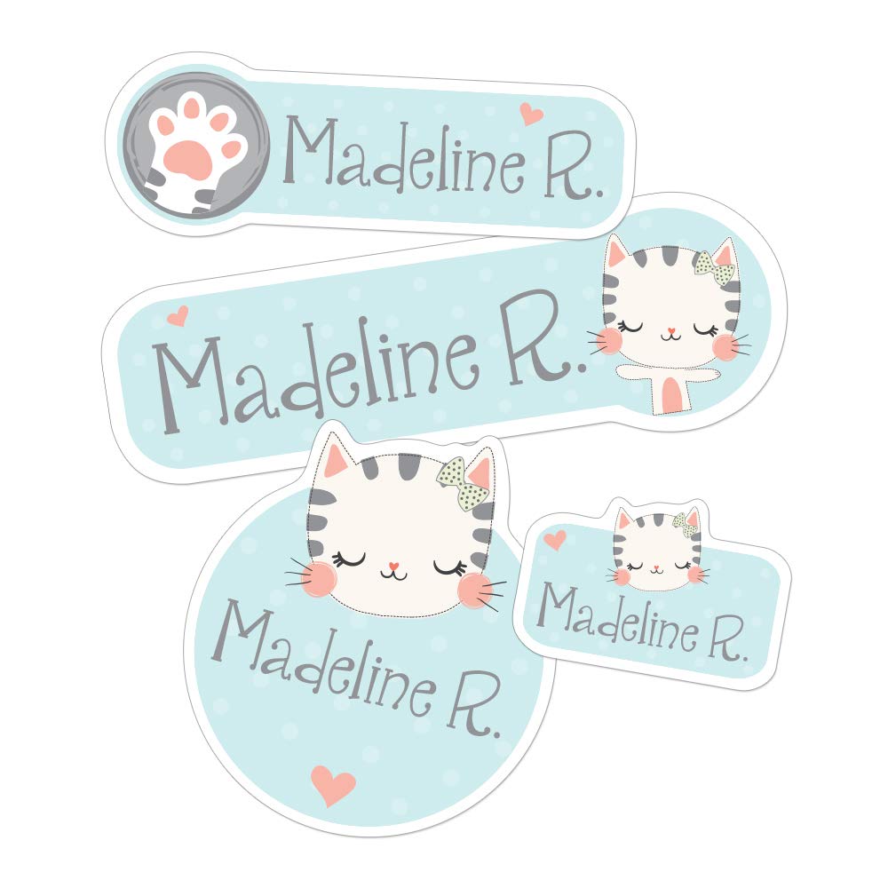 Custom Waterproof Name Labels for Kids - Label Daddy No-Iron Name Stickers for School, Daycare & Camp - Kitty Design 45 Pack - Perfect for Labeling Lunchboxes, Bottles & Backpacks